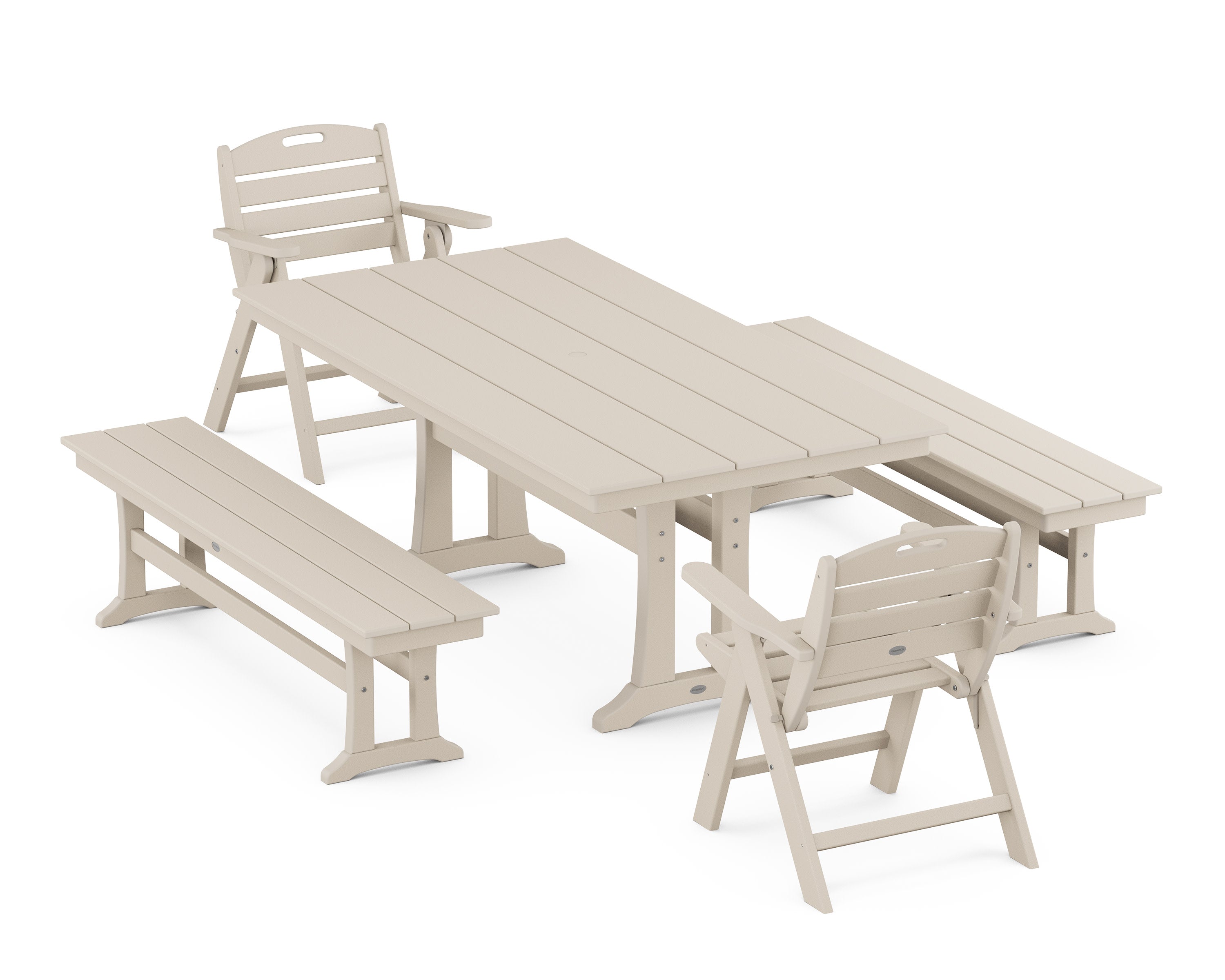 Nautical Folding Lowback Chair 5-Piece Farmhouse Dining Set With Trestle Legs in Sand