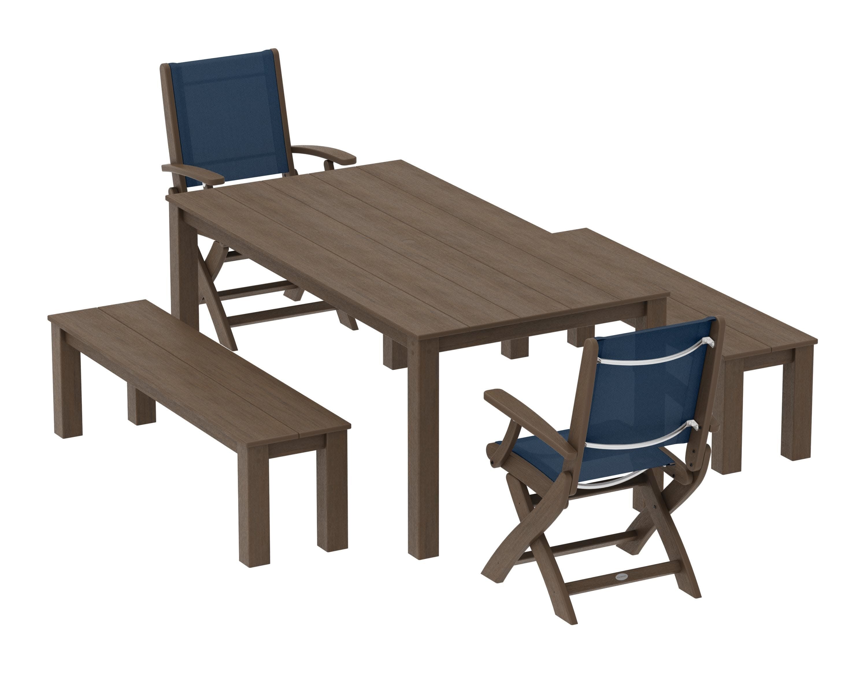 Coastal Folding Chair 5-Piece Parsons Dining Set with Benches in Kona / Navy Blue Sling