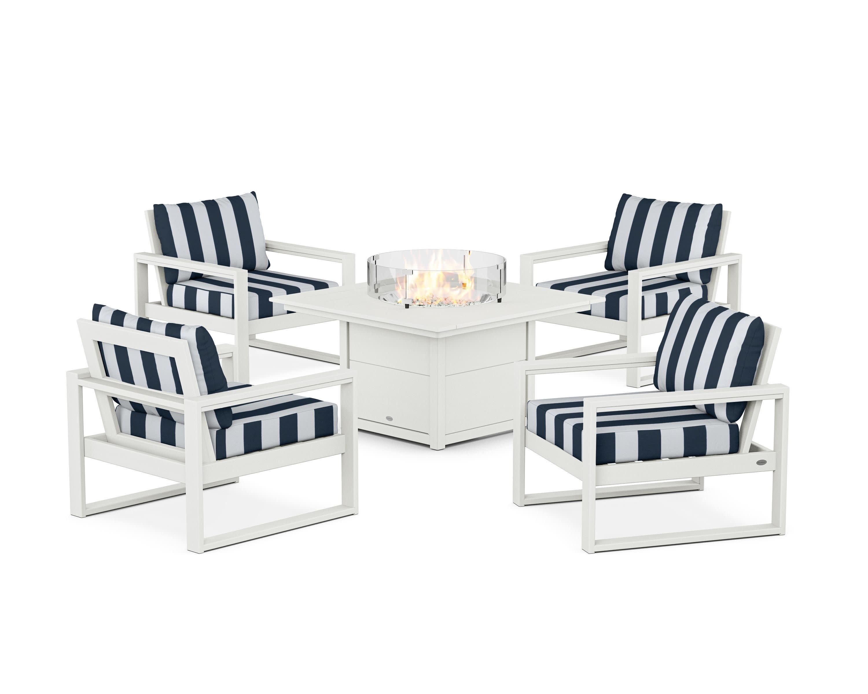 EDGE Sectional 5-Piece Deep Seating Set with Fire Pit Table in Vintage White / Cabana Stripe Marine Indigo