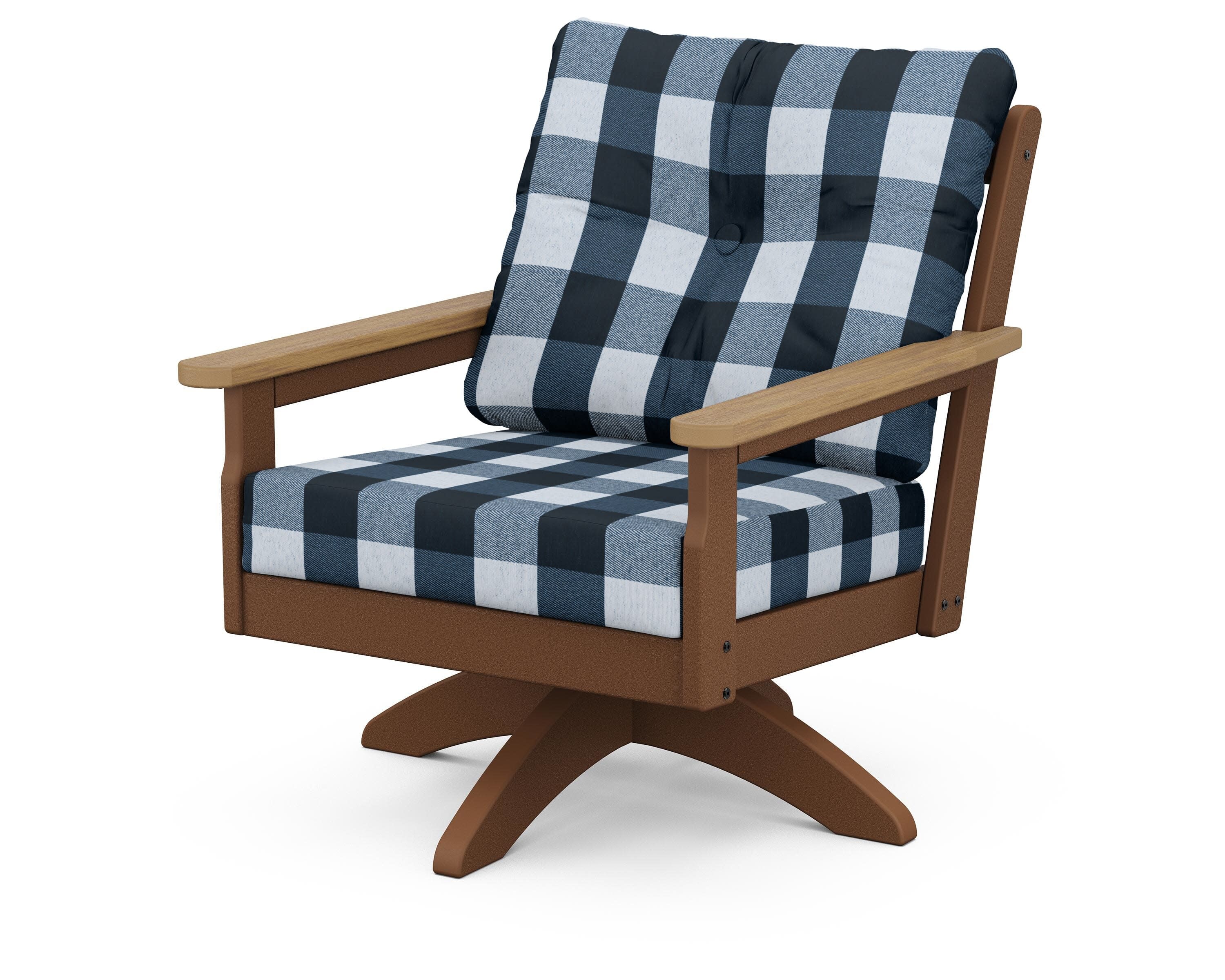 Vineyard Deep Seating Swivel Chair in Teak / Natural / Buffalo Plaid Marine Indigo