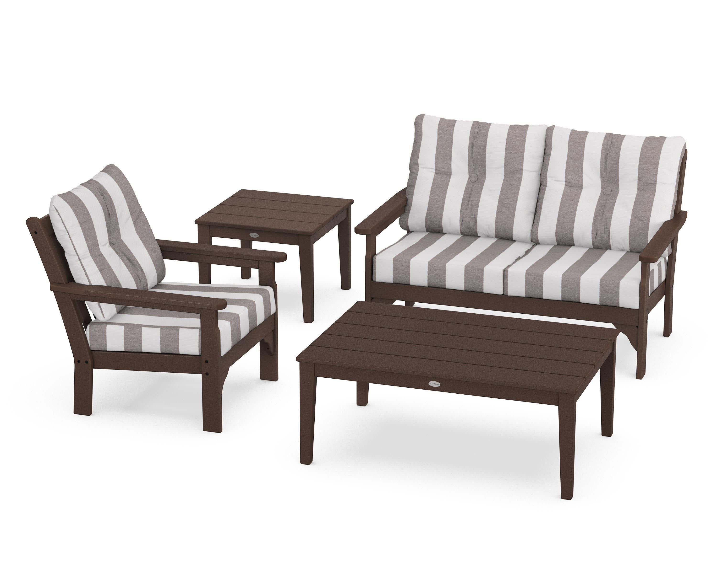 Vineyard 4-Piece Deep Seating Set in Mahogany / Cabana Stripe Grey Mist