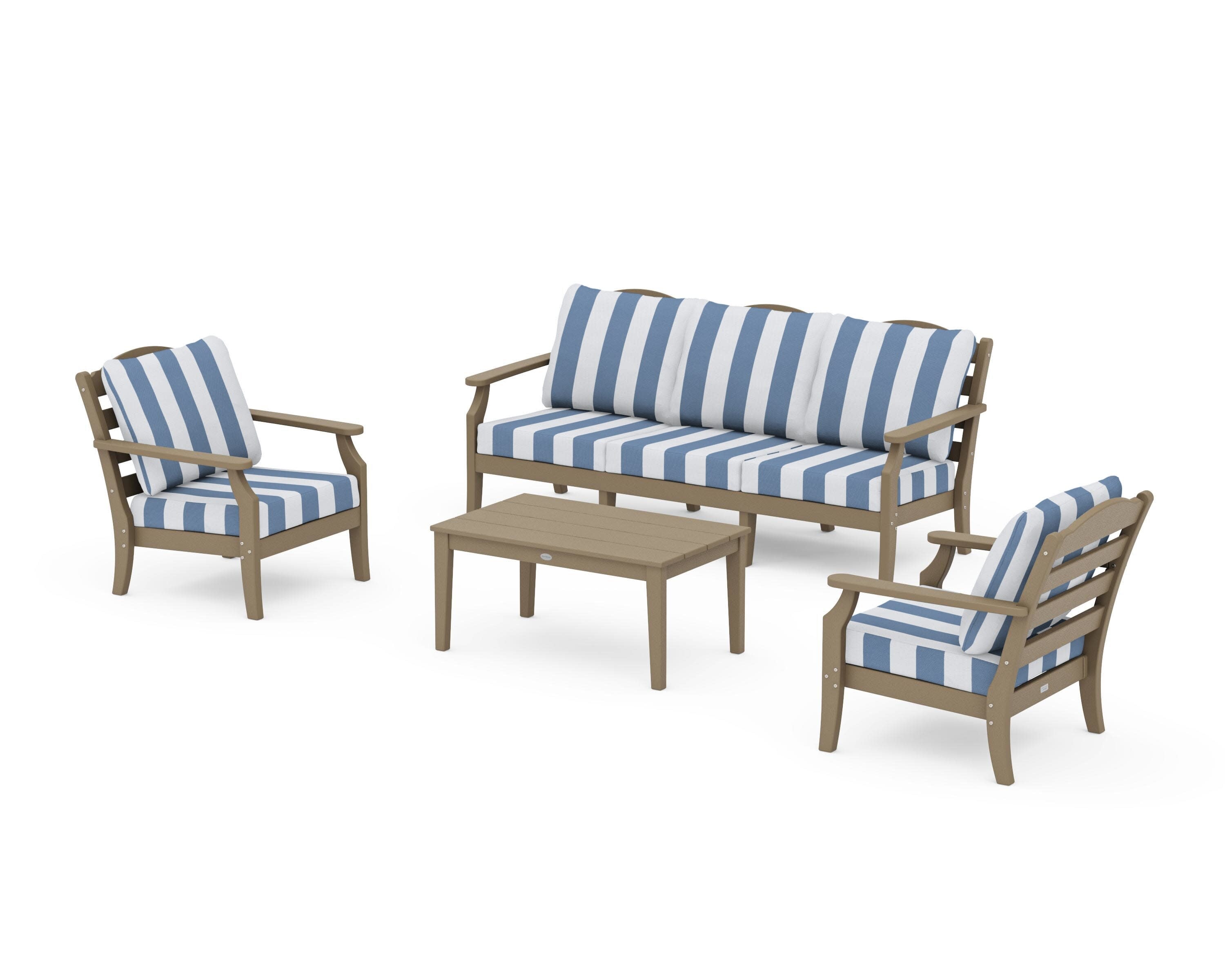 Savannah 4-Piece Deep Seating Set with Sofa in Vintage Sahara / Cabana Stripe Sky Blue
