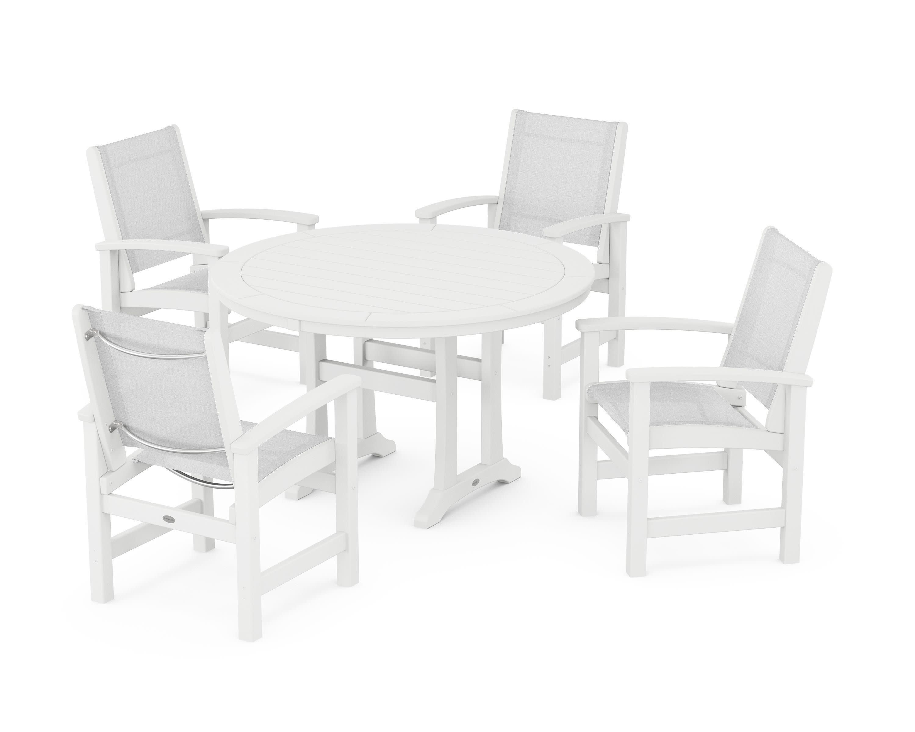 Coastal 5-Piece Round Dining Set with Trestle Legs in White / White Sling