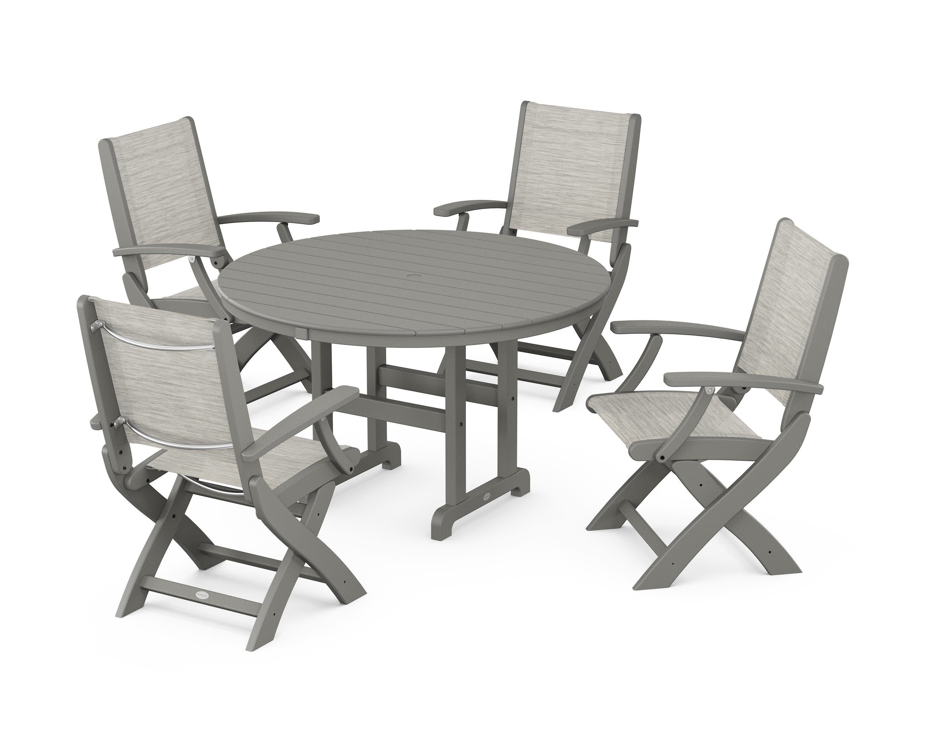 Coastal Folding Chair 5-Piece Round Dining Set in Slate Grey / Birch Sling
