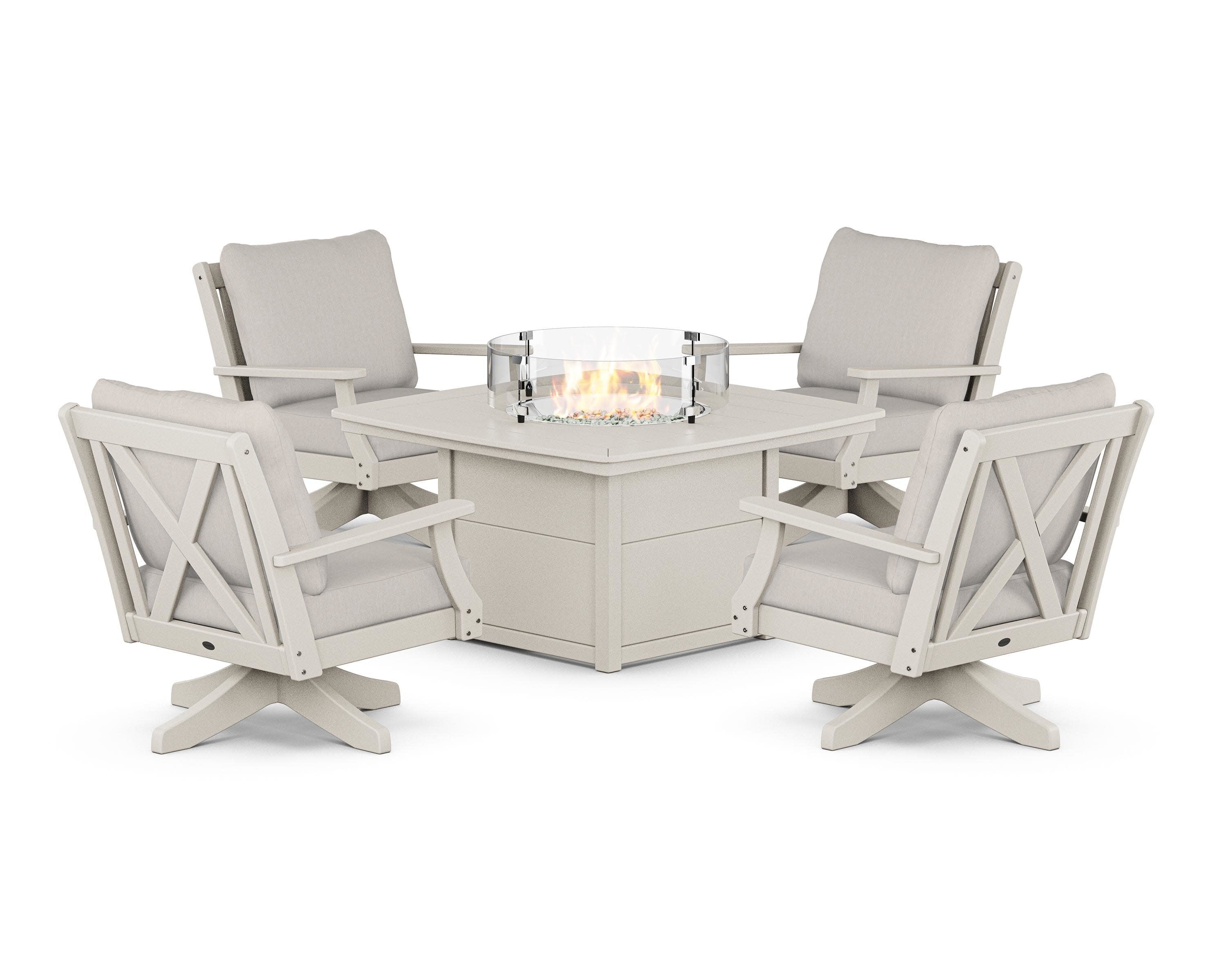 Braxton 5-Piece Deep Seating Swivel Conversation Set with Fire Pit Table in Sand / Cast Ash