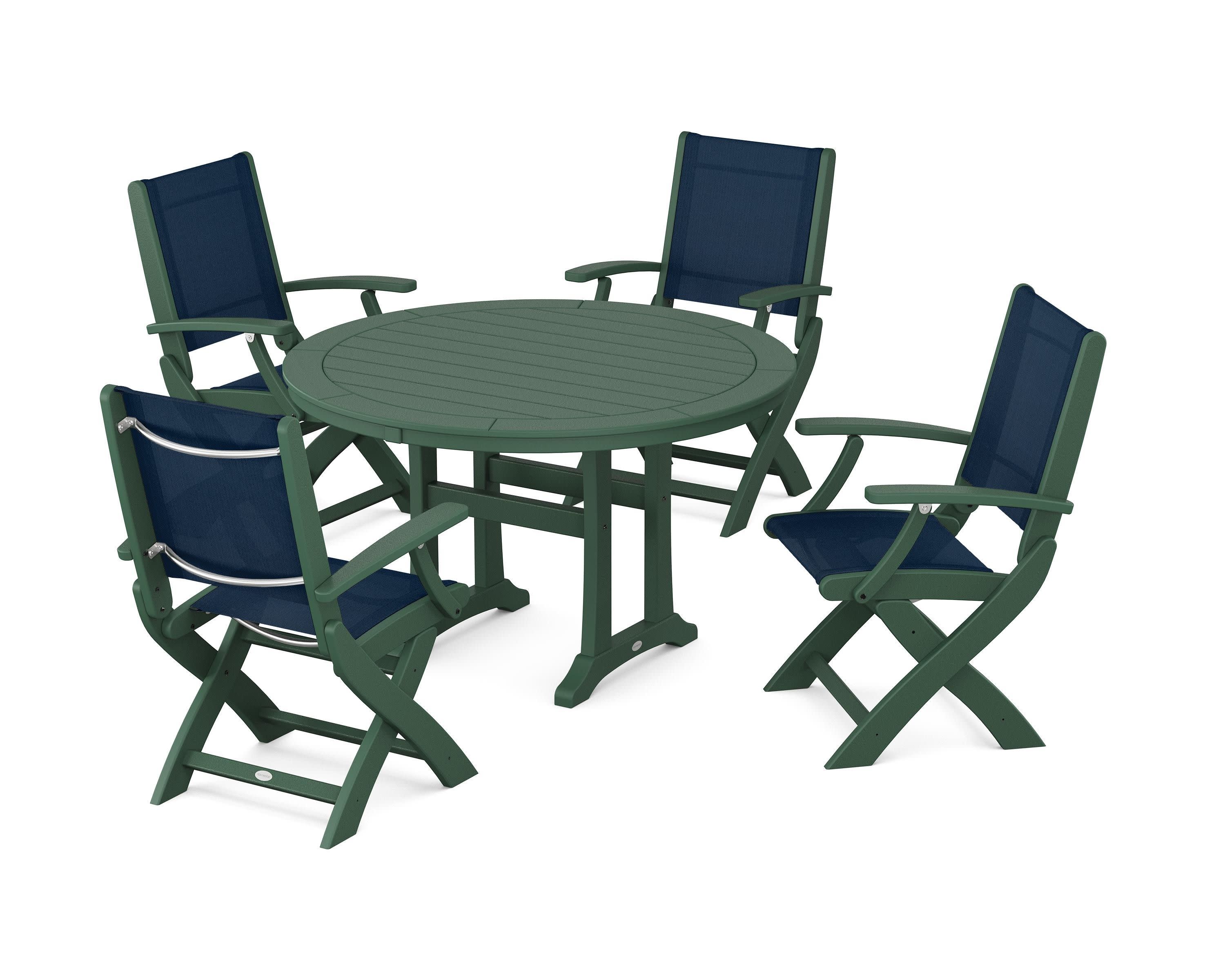 Coastal Folding Chair 5-Piece Round Dining Set with Trestle Legs in Green / Navy Blue Sling