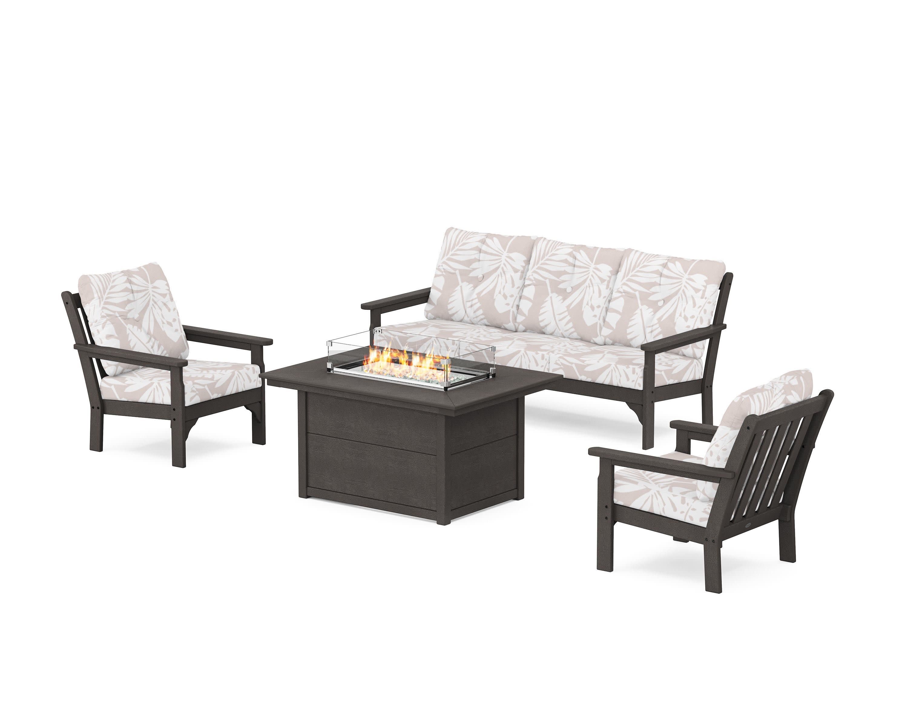 Vineyard Deep Seating Fire Pit Table Set in Vintage Coffee / Leaf Dune Burlap
