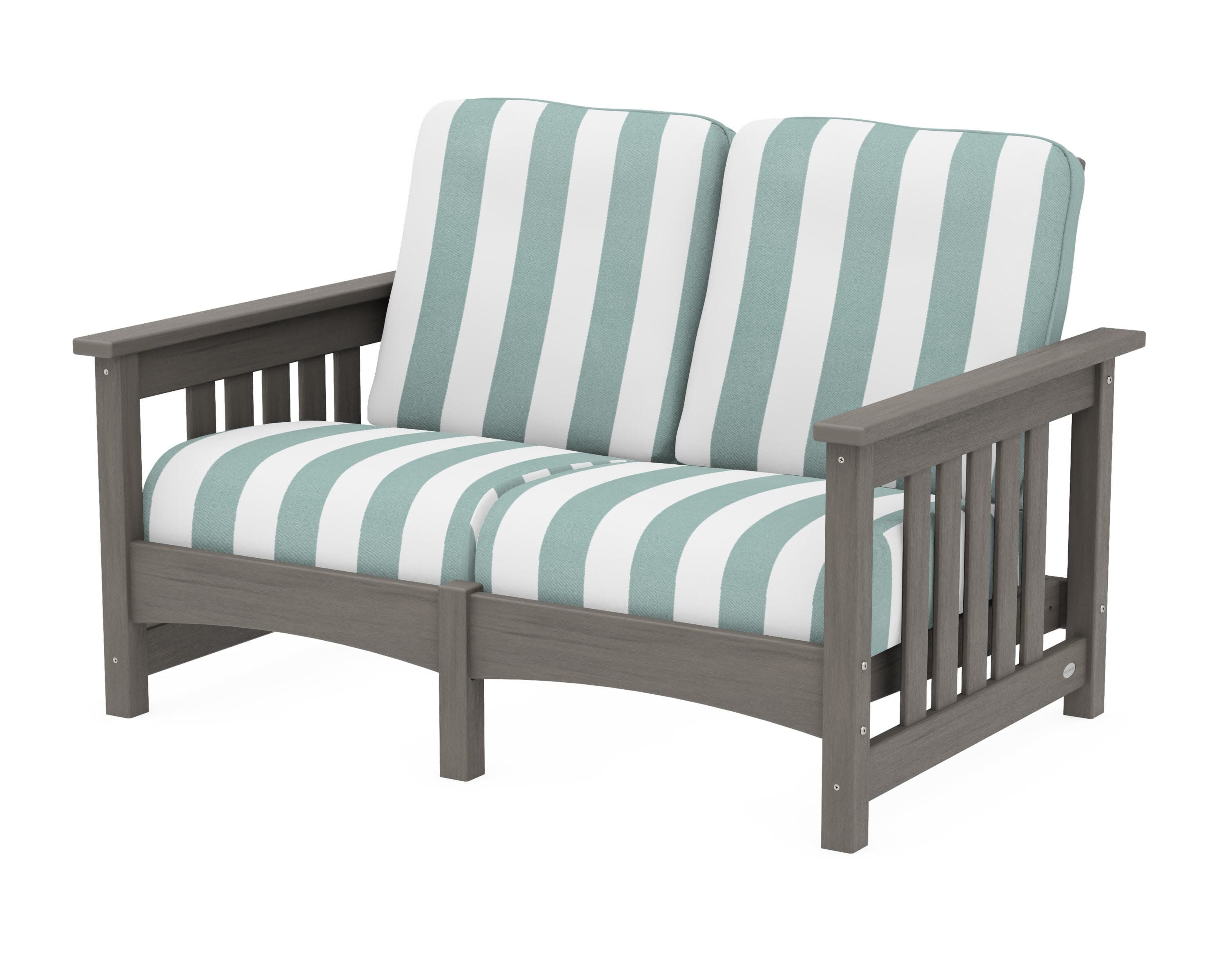 Club Mission Loveseat in Driftwood / Cabana Stripe Glacier Spa