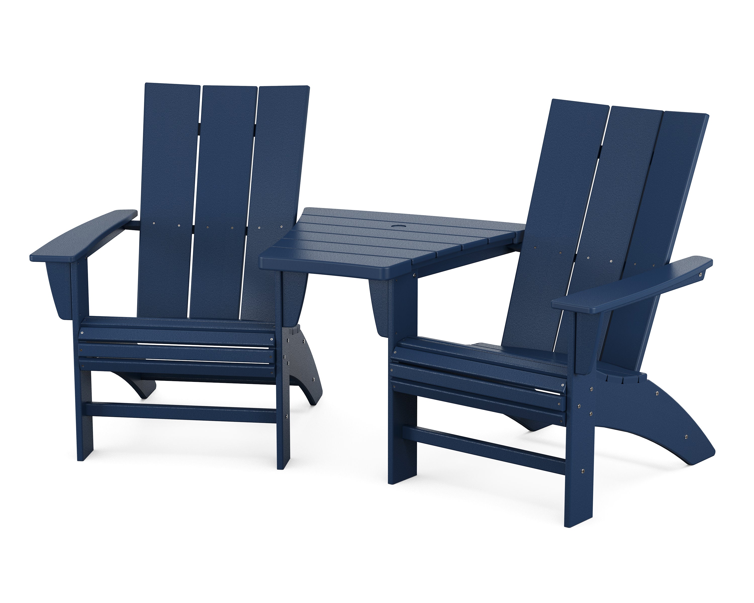 Modern 3-Piece Curveback Adirondack Set with Angled Connecting Table in Navy
