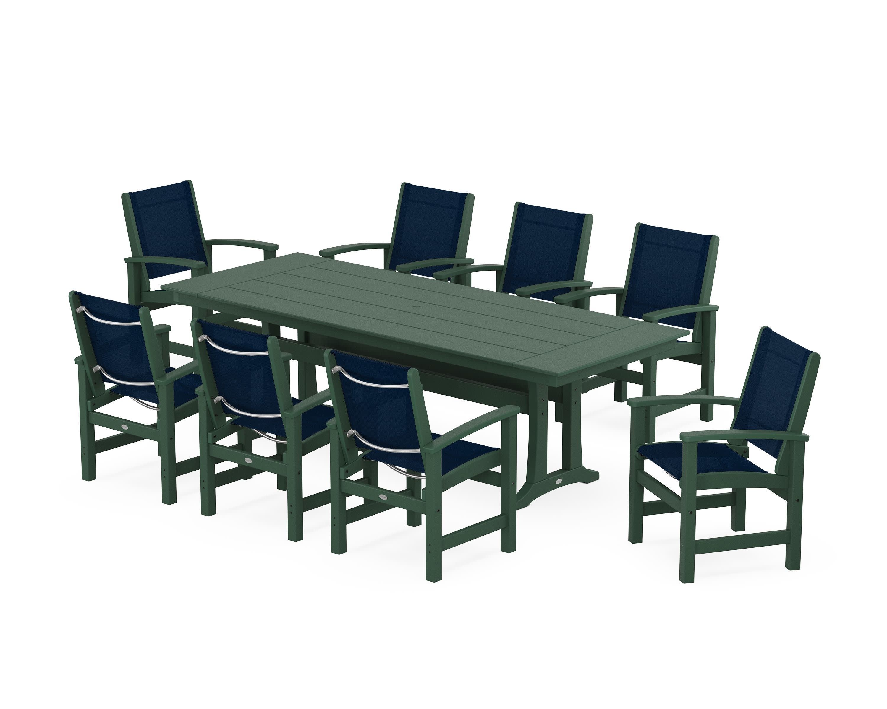 Coastal 9-Piece Farmhouse Dining Set with Trestle Legs in Green / Navy Blue Sling