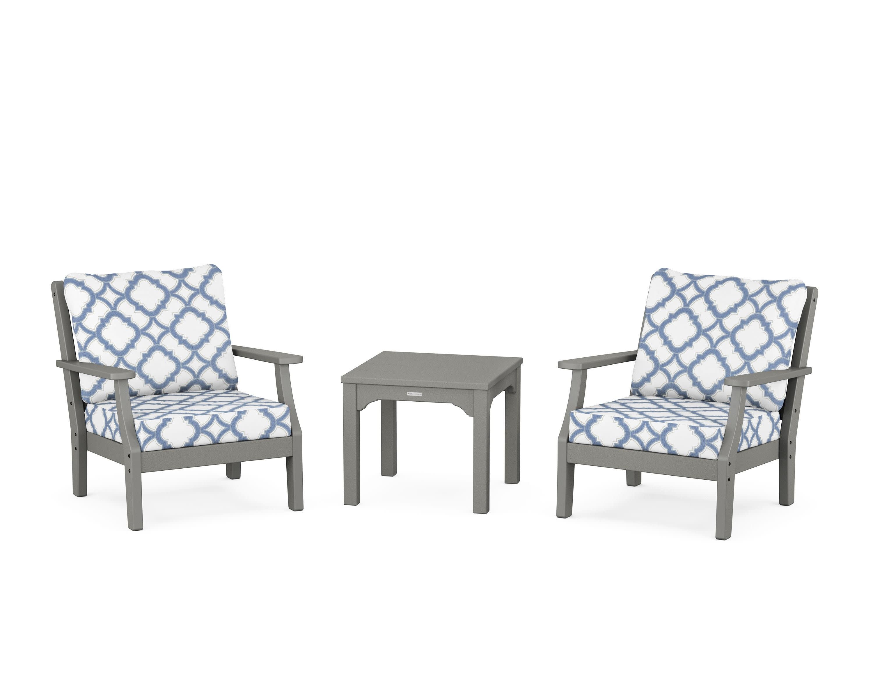 Chinoiserie 3-Piece Deep Seating Set in Slate Grey / Trellis Sky Blue