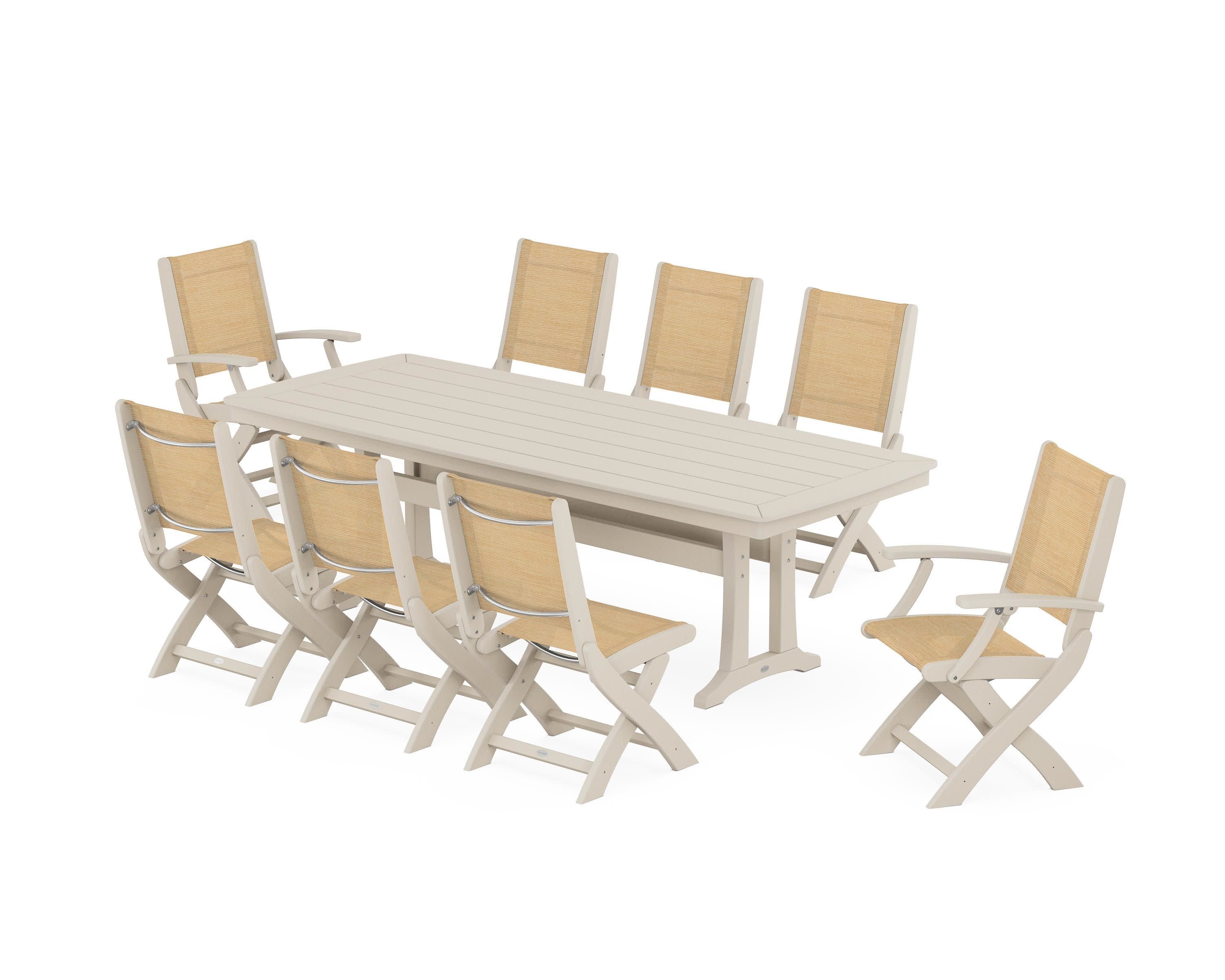 Coastal Folding 9-Piece Dining Set with Trestle Legs in Sand / Dupioni Apricot Sling
