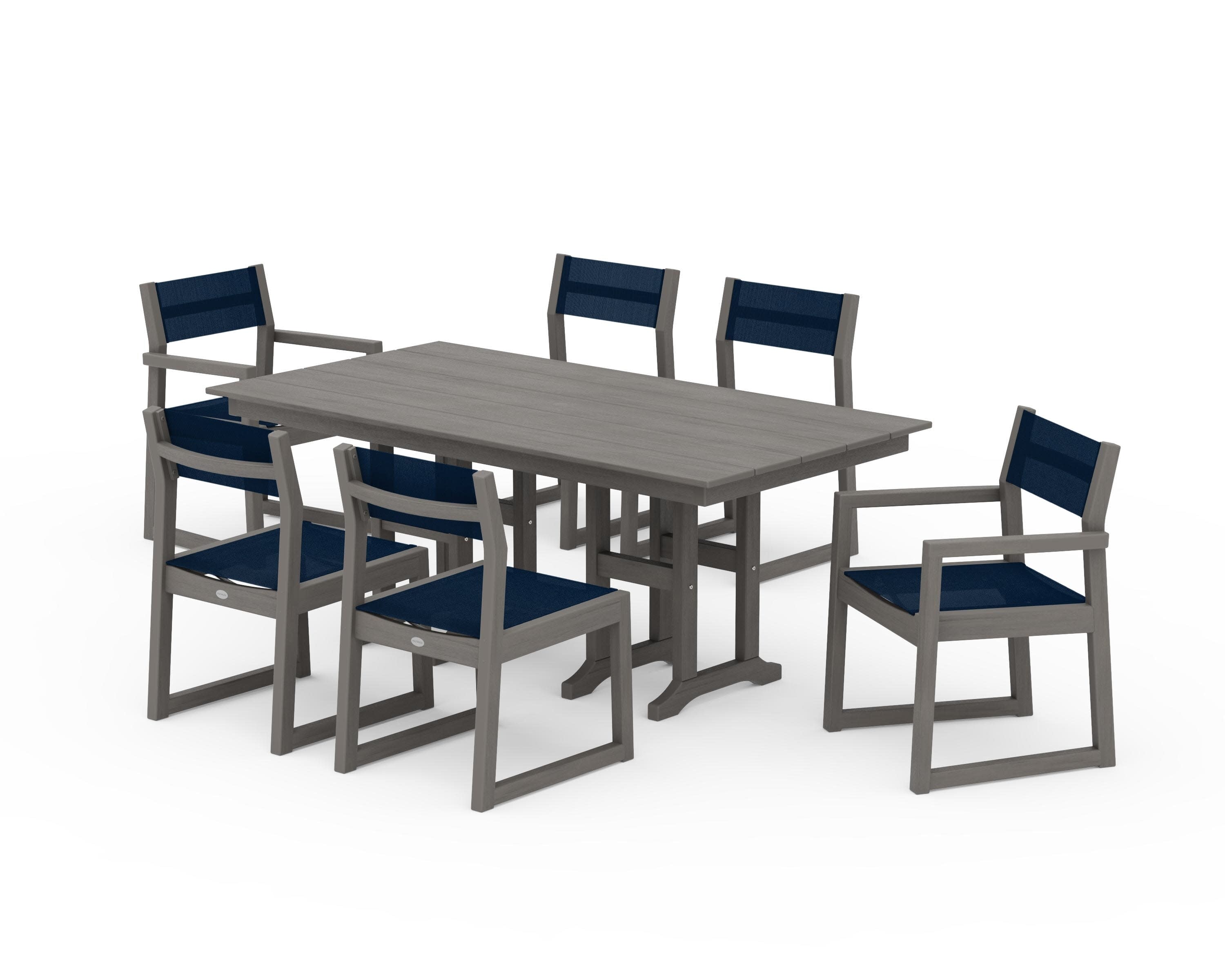 EDGE Sling 7-Piece Farmhouse Dining Set in Driftwood / Navy Blue Sling