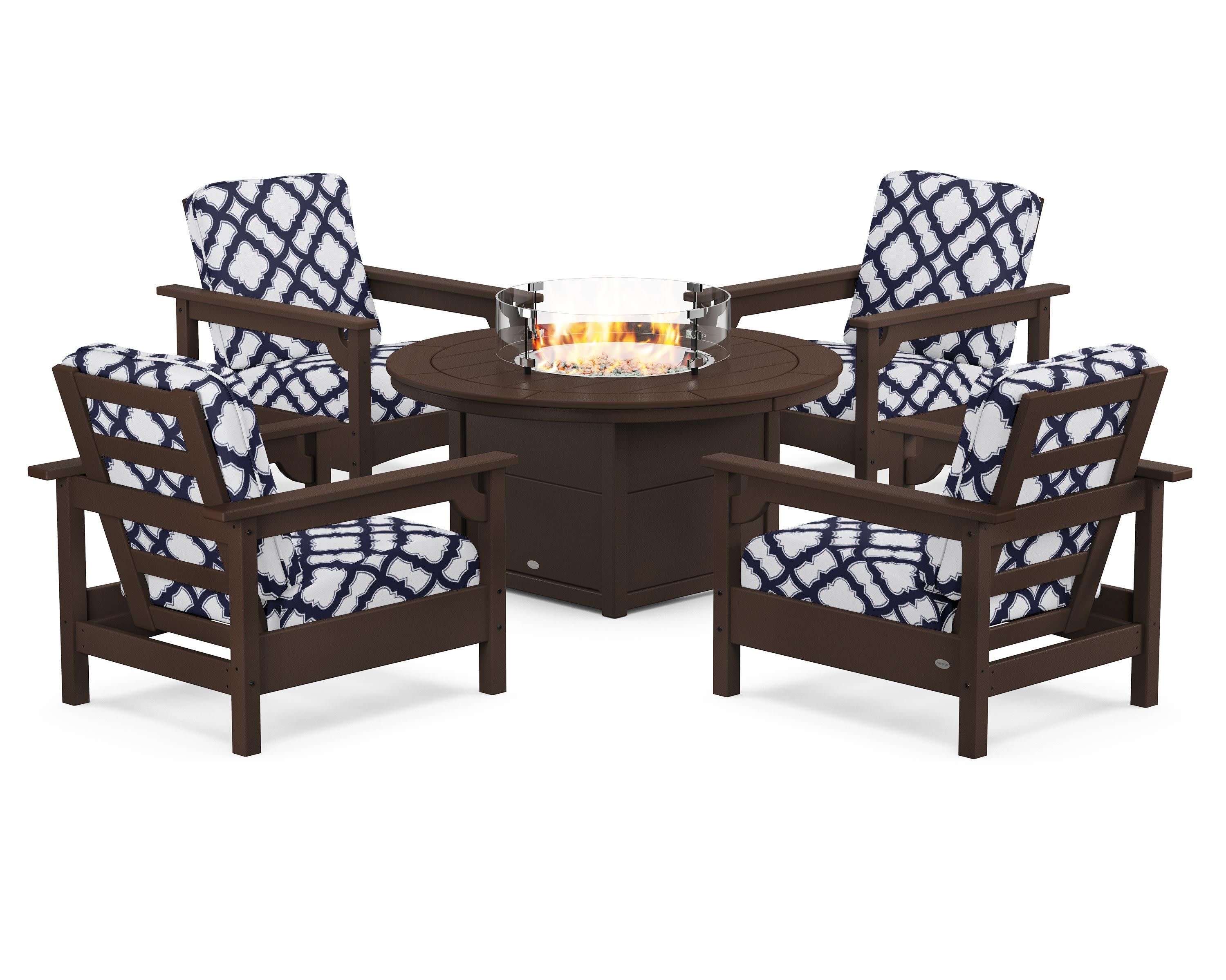 Club 5-Piece Conversation Set with Fire Pit Table in Mahogany / Trellis Navy