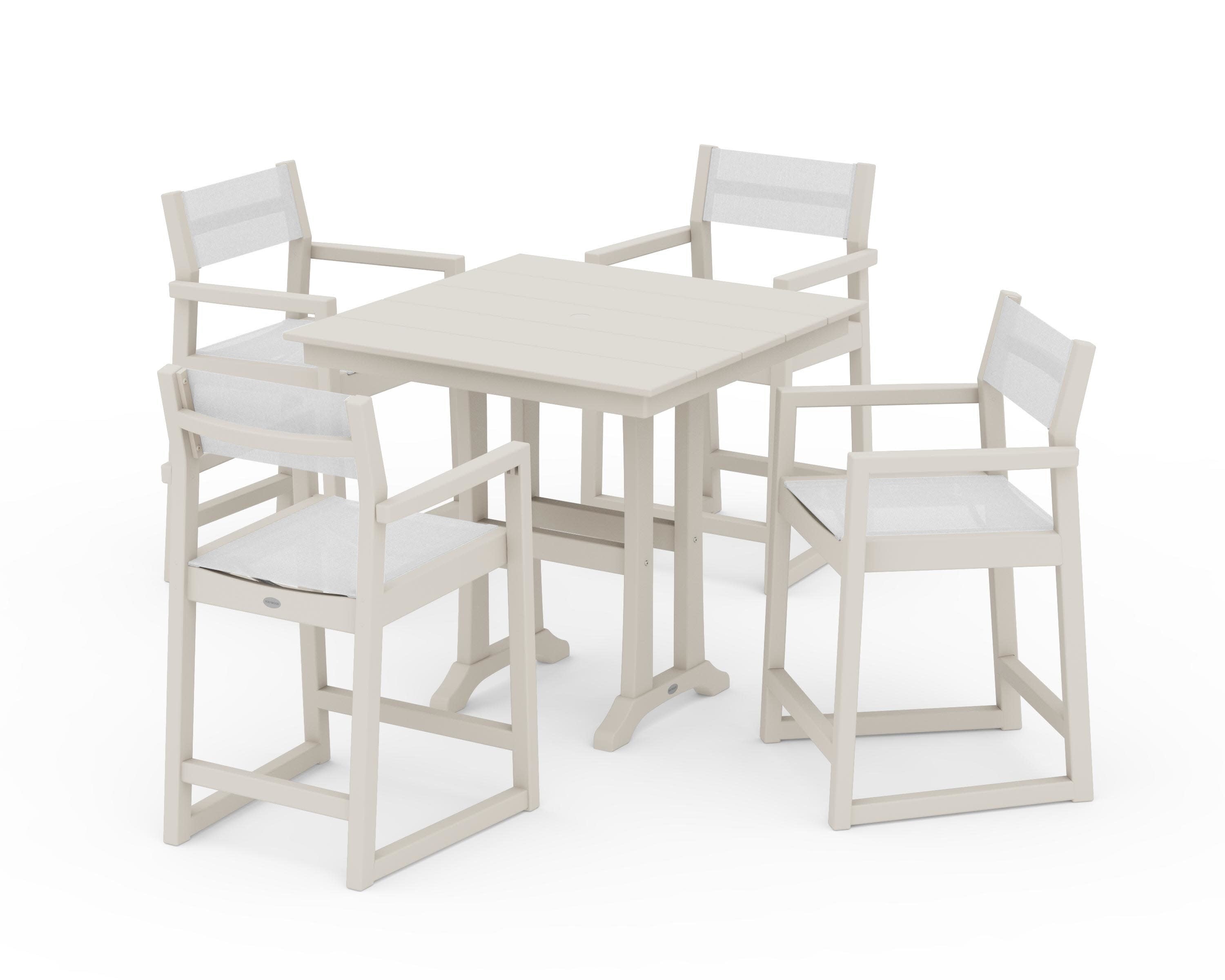 EDGE Sling Arm Chair 5-Piece Farmhouse Counter Set with Trestle Legs in Sand / White Sling