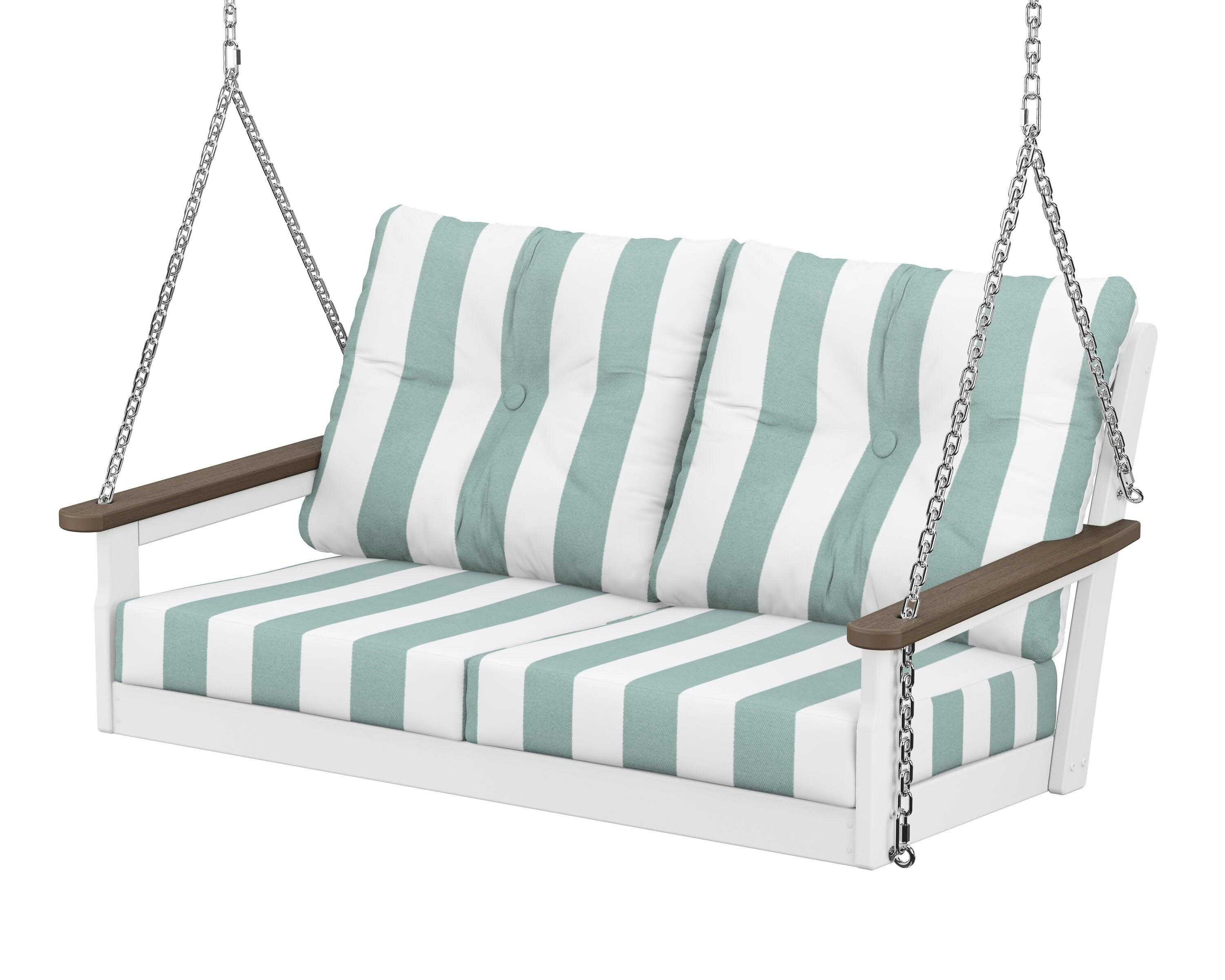 Vineyard Deep Seating Swing in White / Kona / Cabana Stripe Glacier Spa