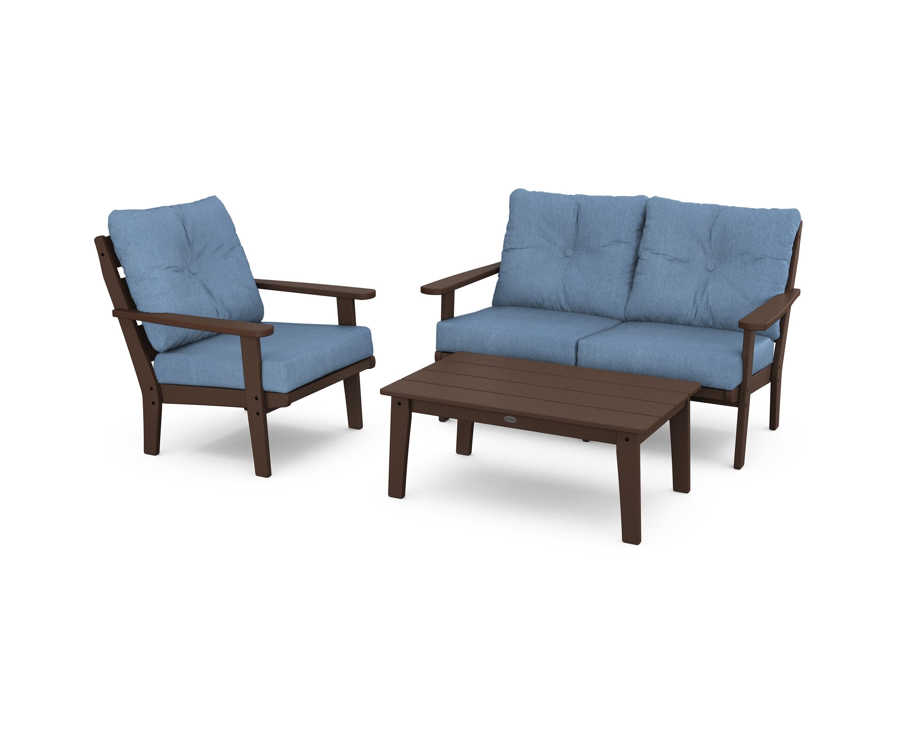 Lakeside 3-Piece Deep Seating Set in Mahogany / Sky Blue