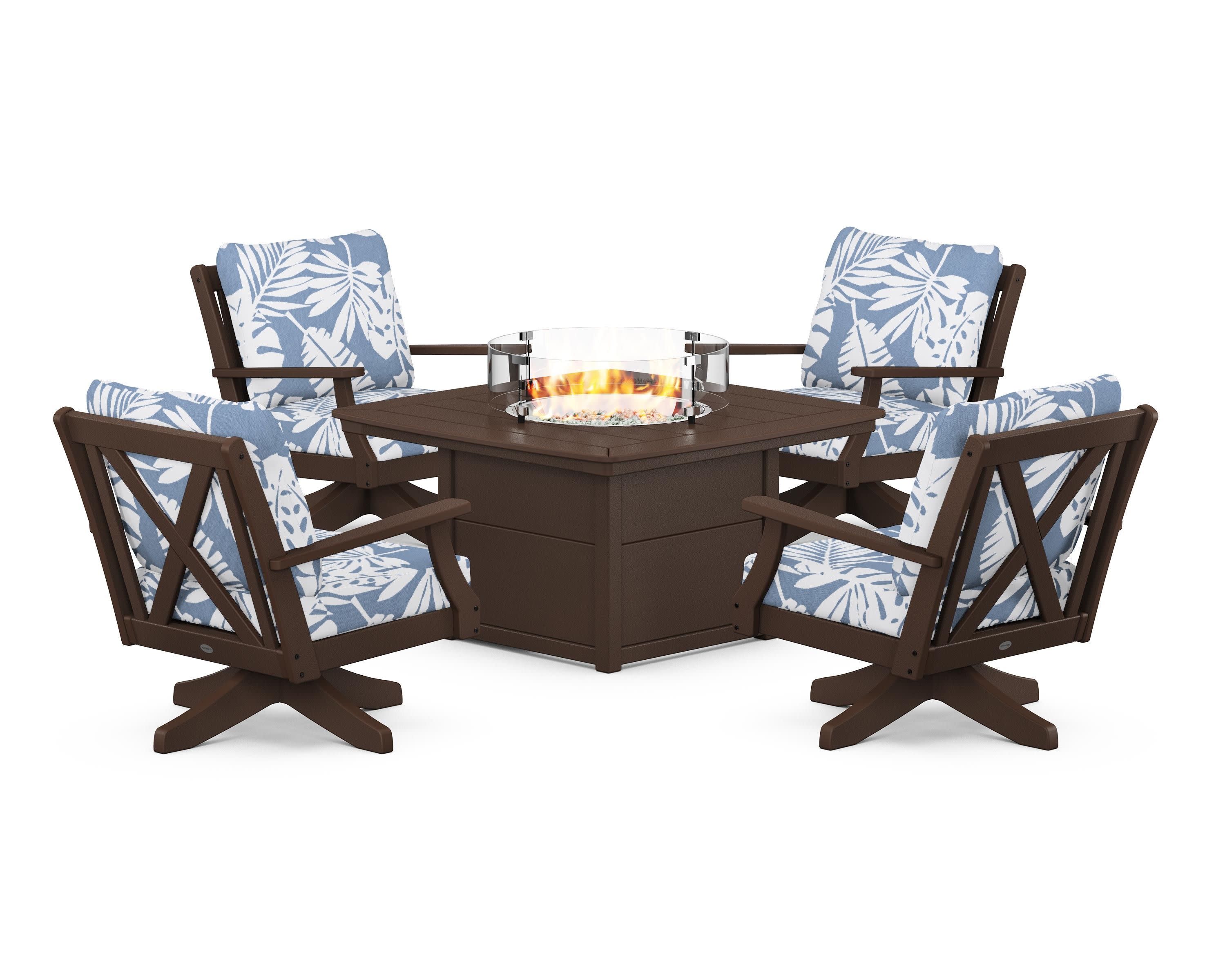 Braxton 5-Piece Deep Seating Swivel Conversation Set with Fire Pit Table in Mahogany / Leaf Sky Blue