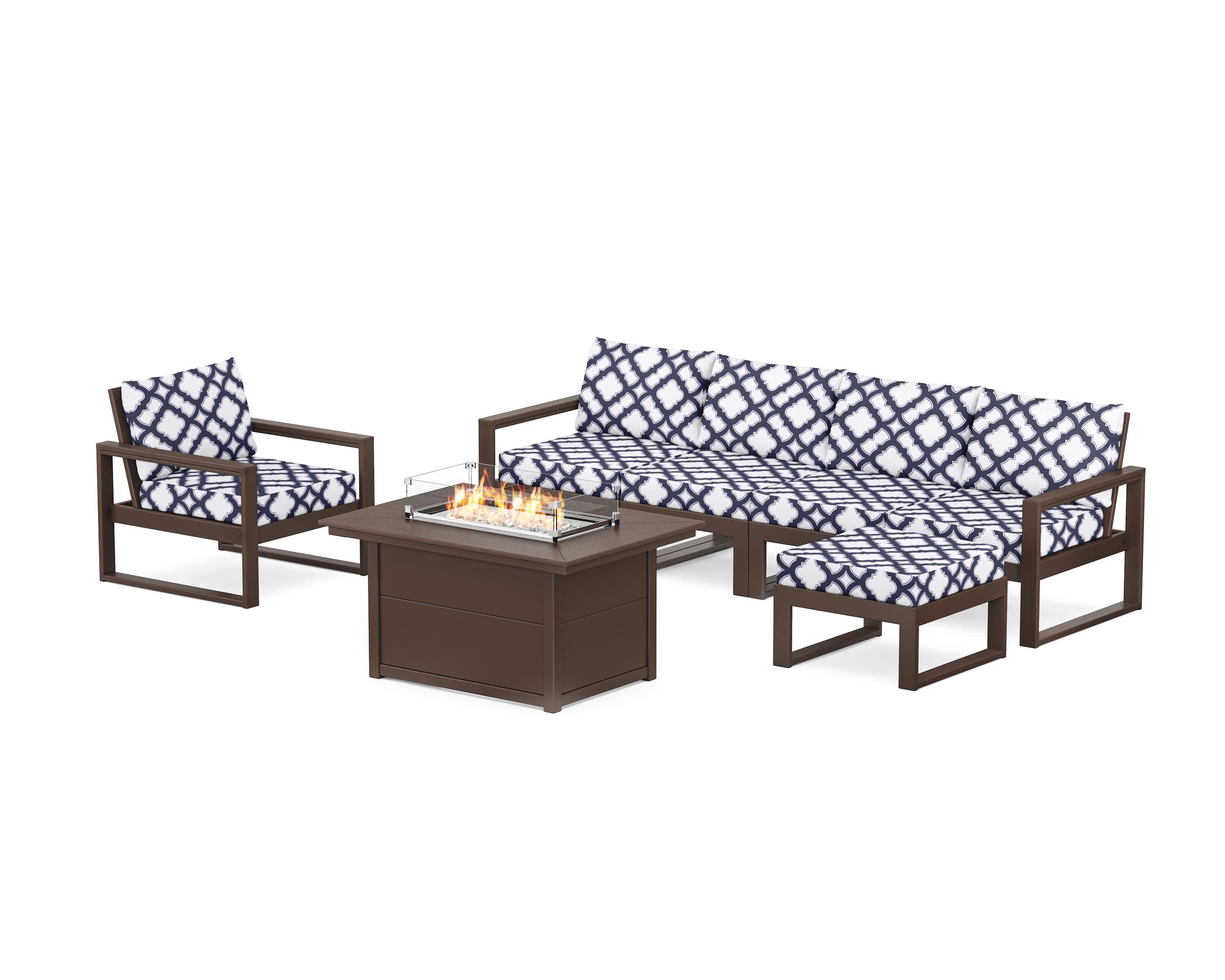 EDGE Sectional Lounge and Fire Pit Set in Mahogany / Trellis Navy