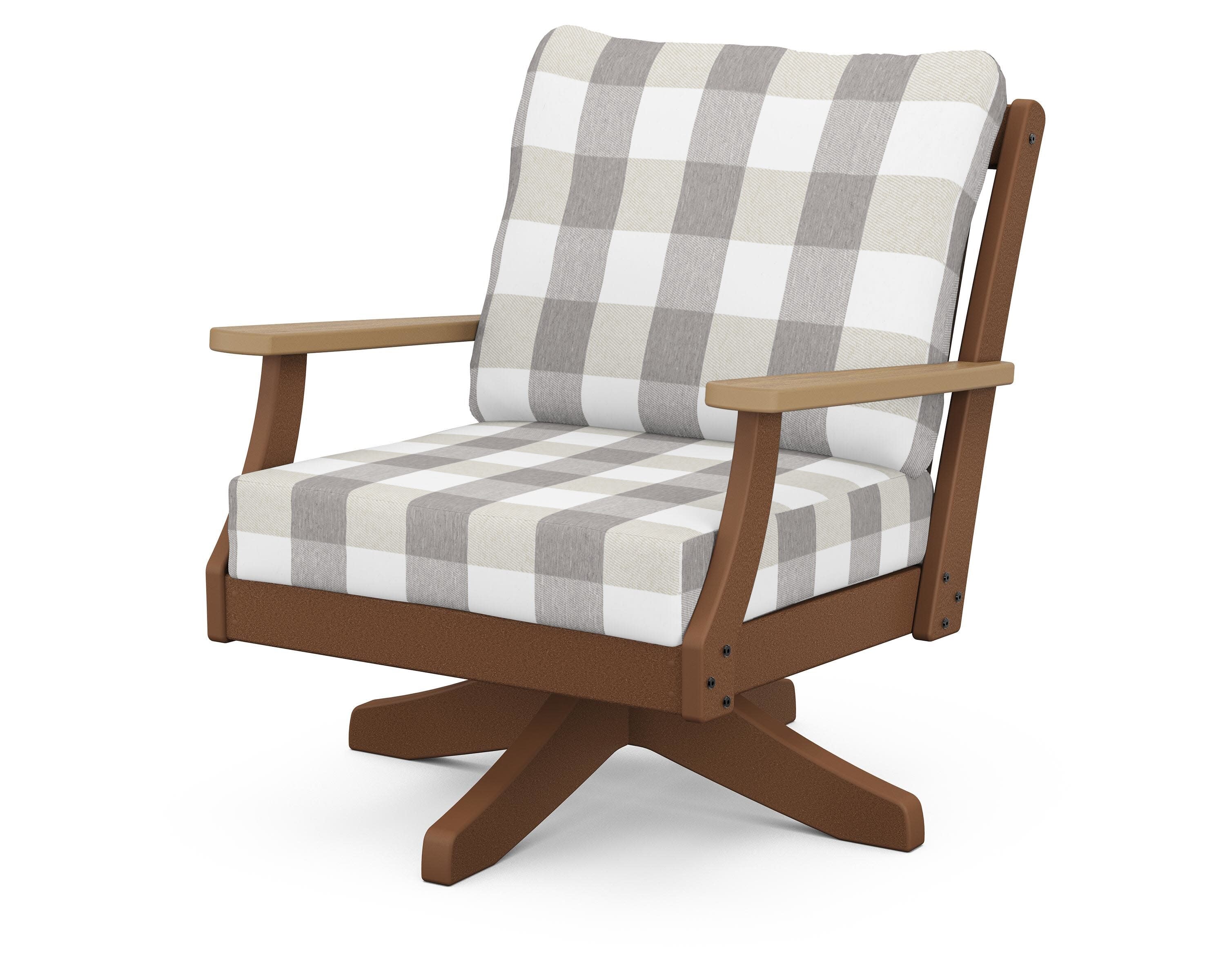 Braxton Deep Seating Swivel Chair in Teak / Natural / Buffalo Plaid Grey Mist