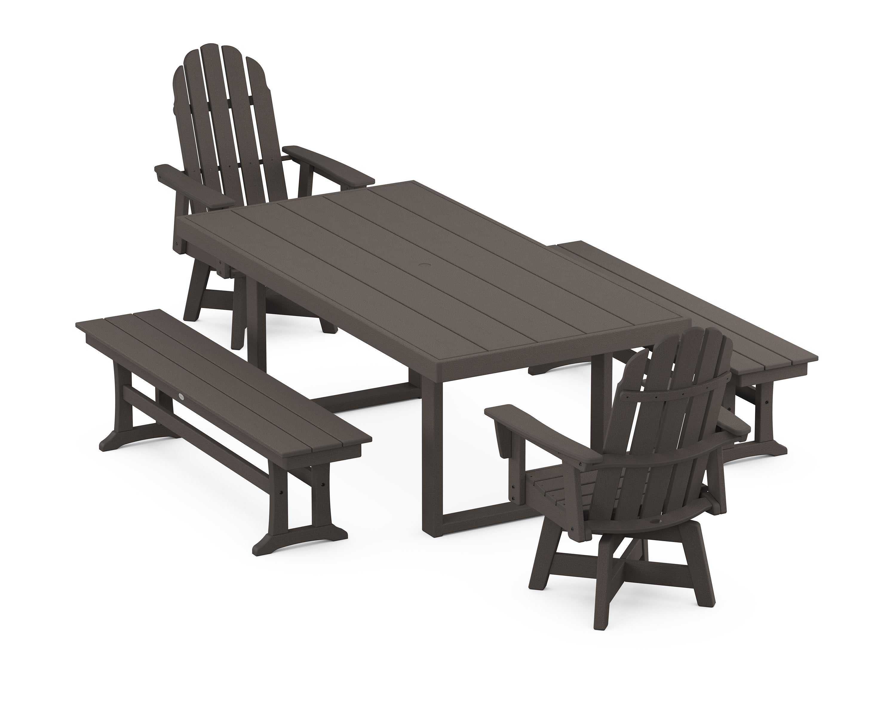 Vineyard Curveback Adirondack Swivel Chair 5-Piece Dining Set with Benches in Vintage Coffee