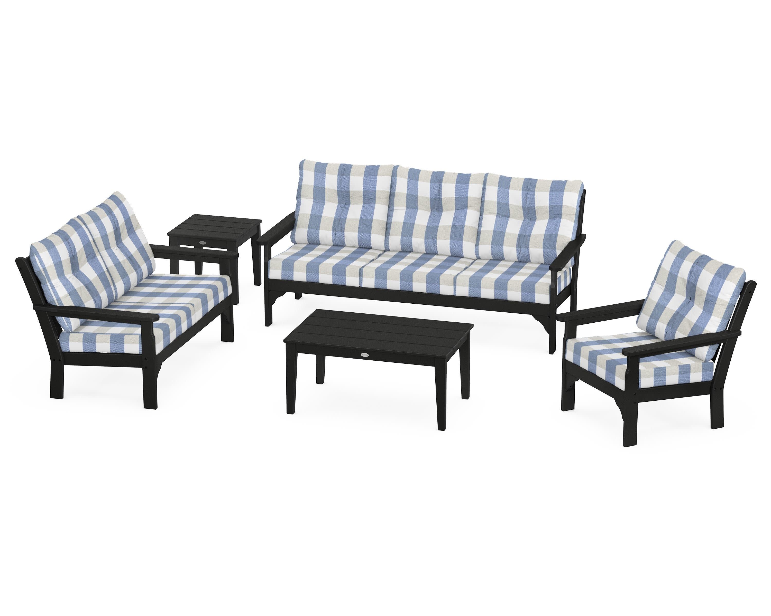 Vineyard 5 Piece Deep Seating Set in Black / Buffalo Plaid Sky Blue