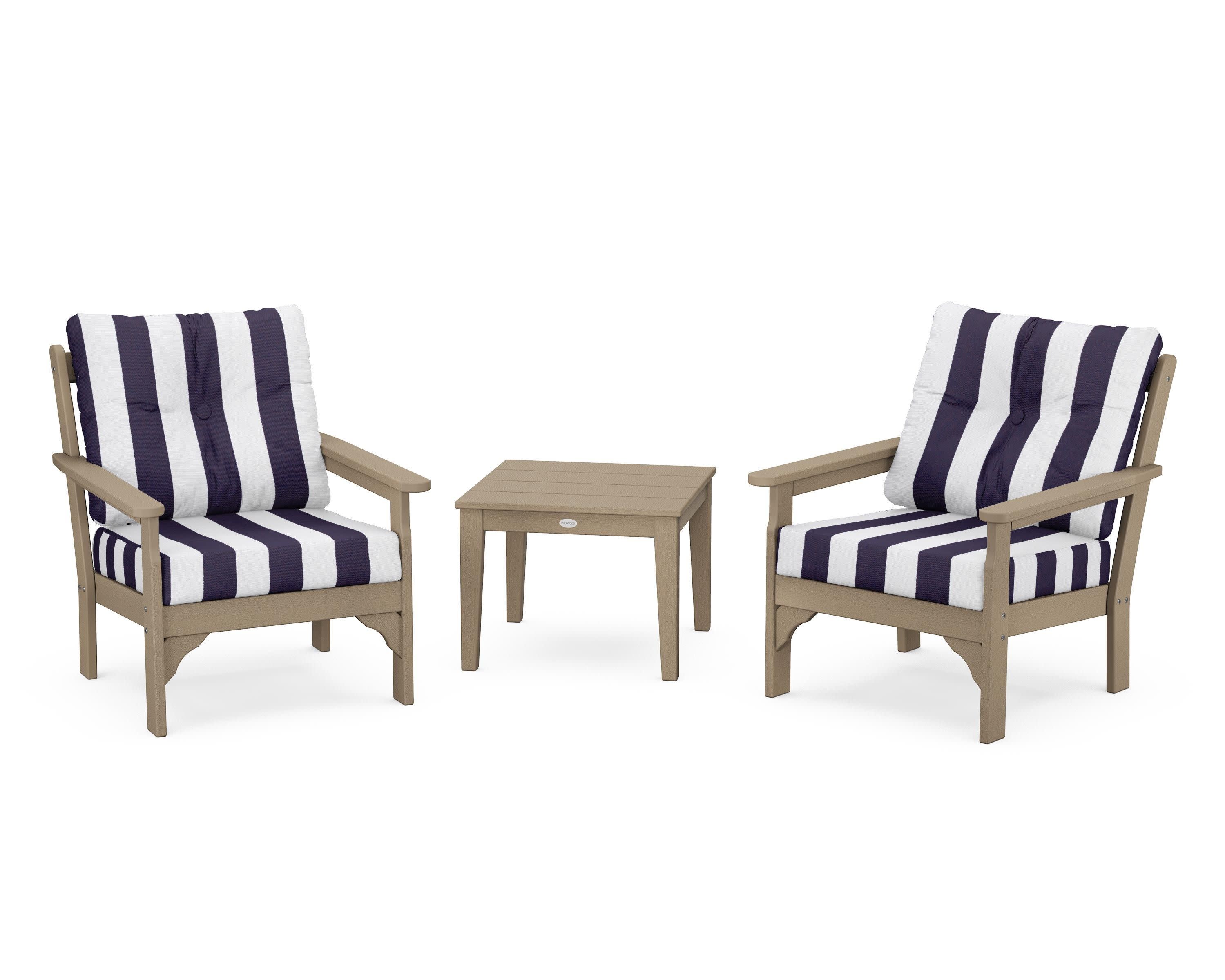 Vineyard 3-Piece Deep Seating Set in Vintage Sahara / Cabana Stripe Navy
