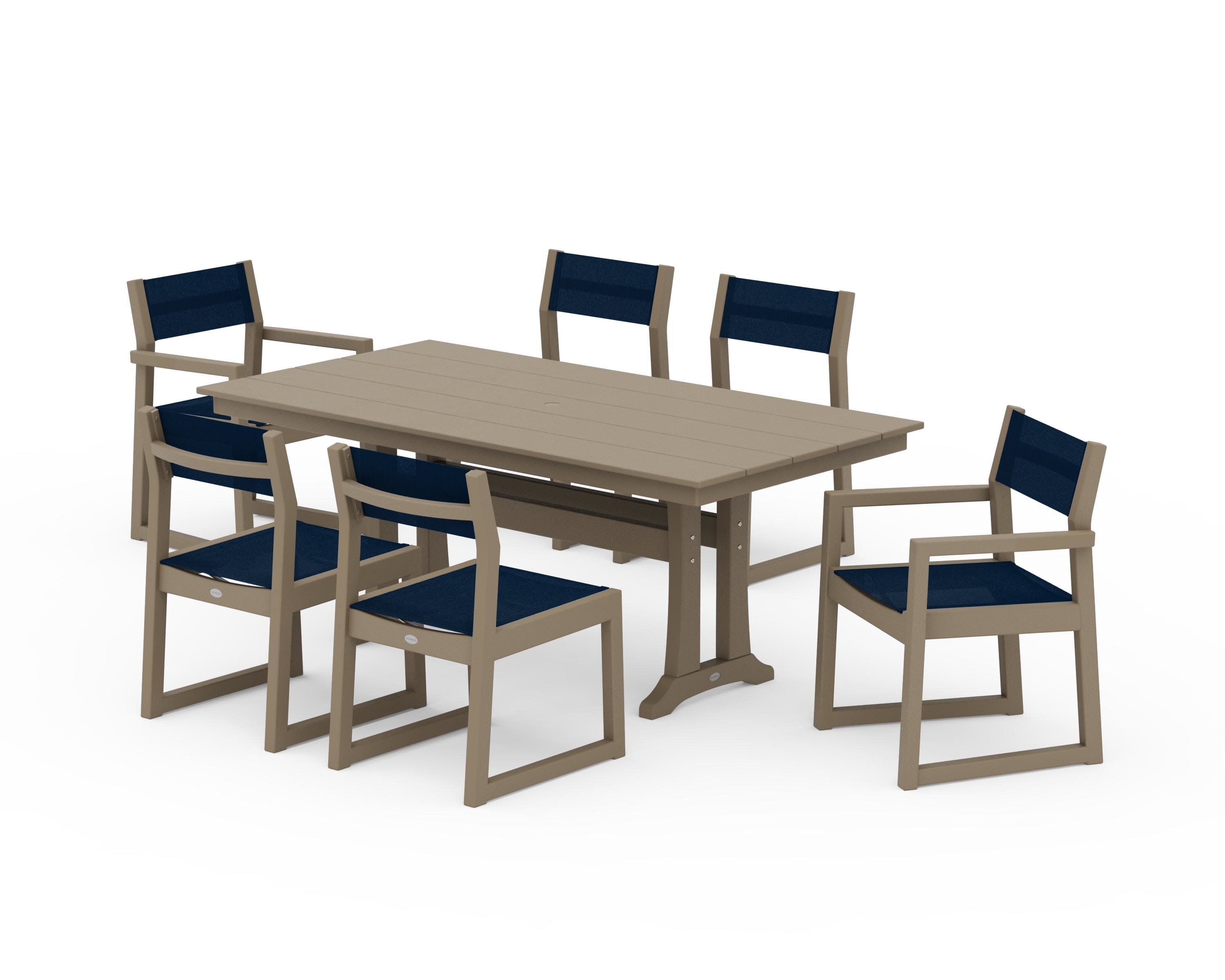EDGE Sling 7-Piece Farmhouse Trestle Dining Set in Vintage Sahara / Navy Blue Sling