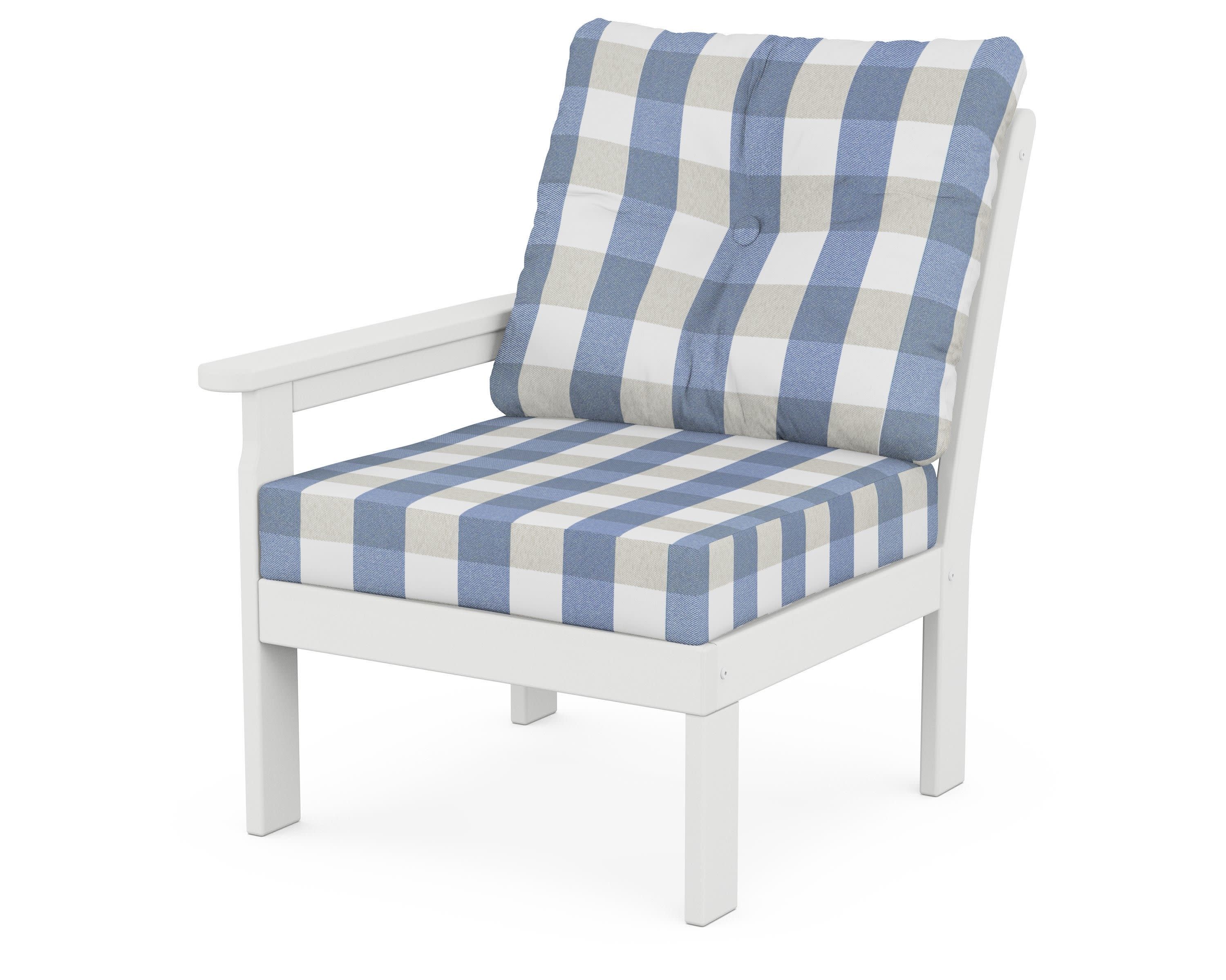 Vineyard Modular Left Arm Chair in White / Buffalo Plaid Sky Blue