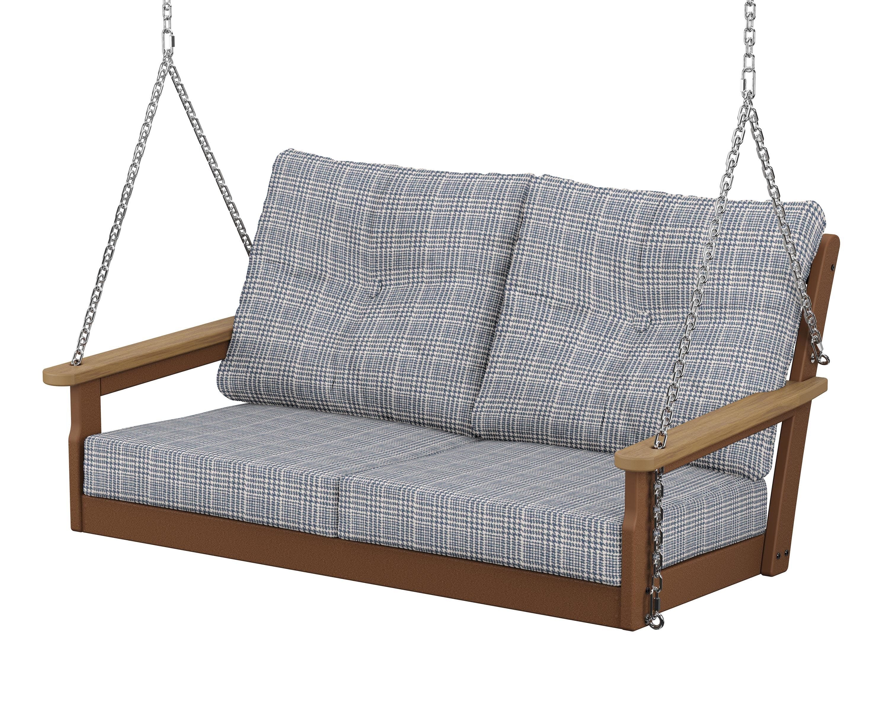 Vineyard Deep Seating Swing in Teak / Natural / Houndstooth Sky Blue
