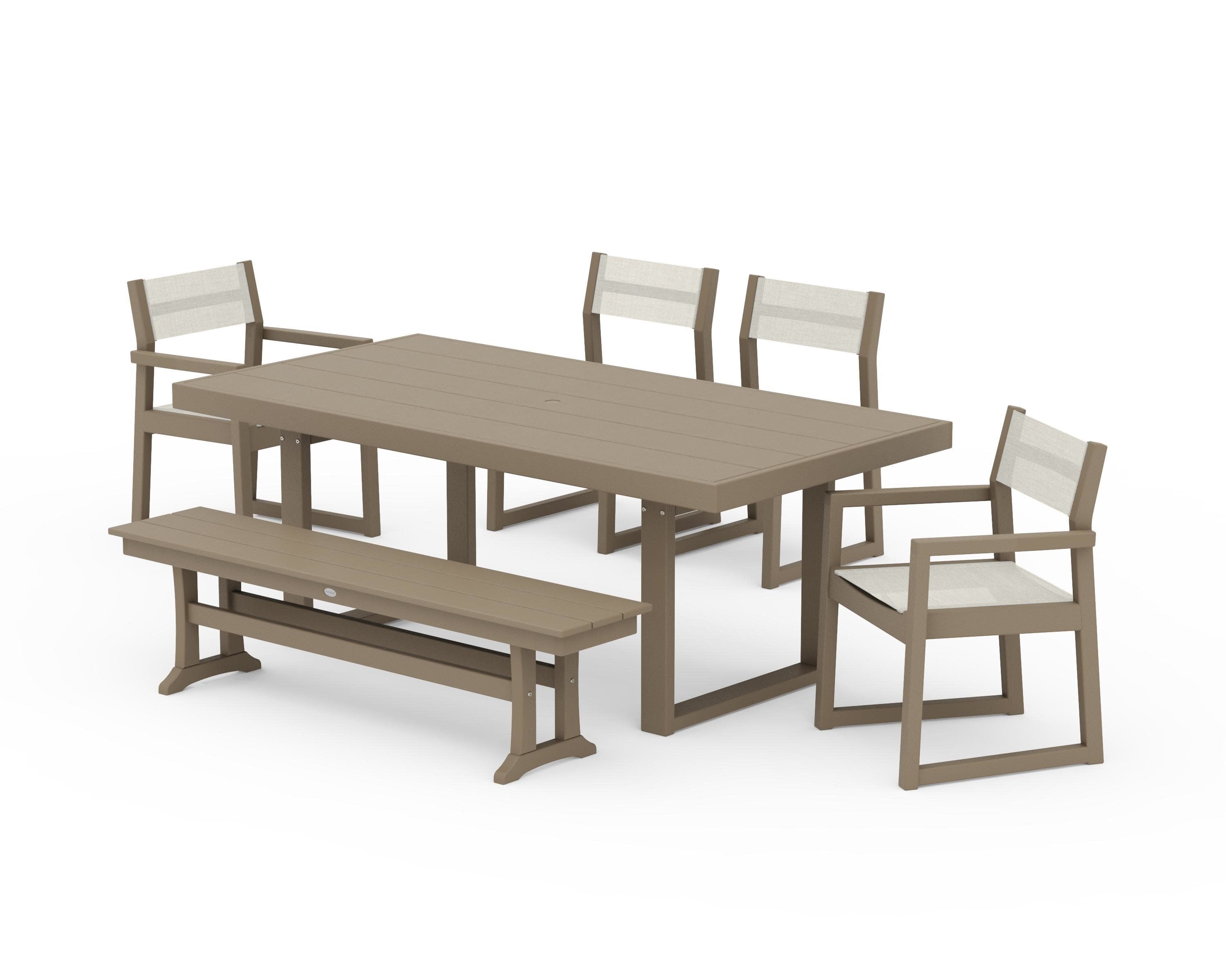 EDGE Sling 6-Piece Dining Set with Bench in Vintage Sahara / Parchment Sling
