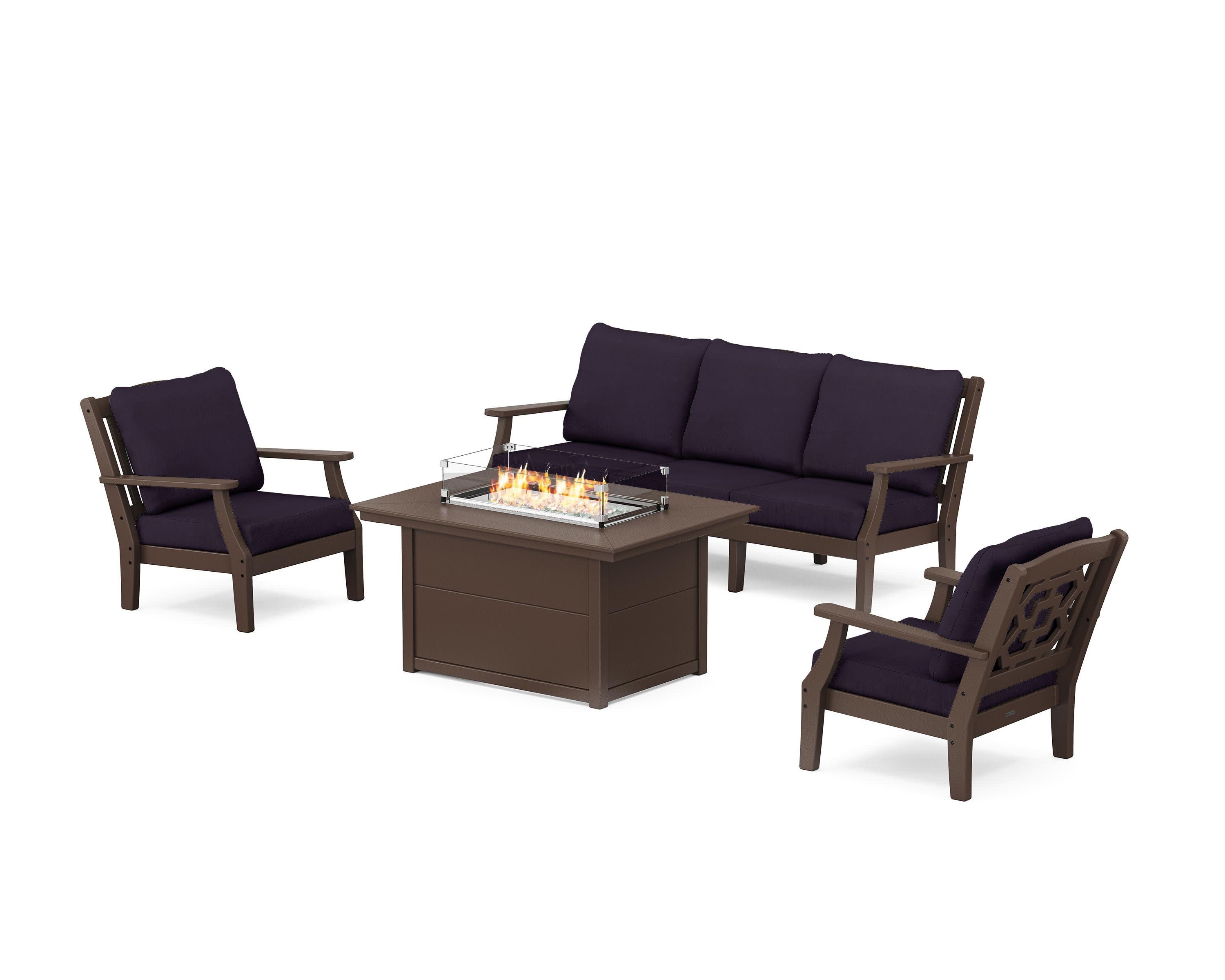 Chinoiserie Deep Seating Fire Pit Table Set in Mahogany / Navy Linen