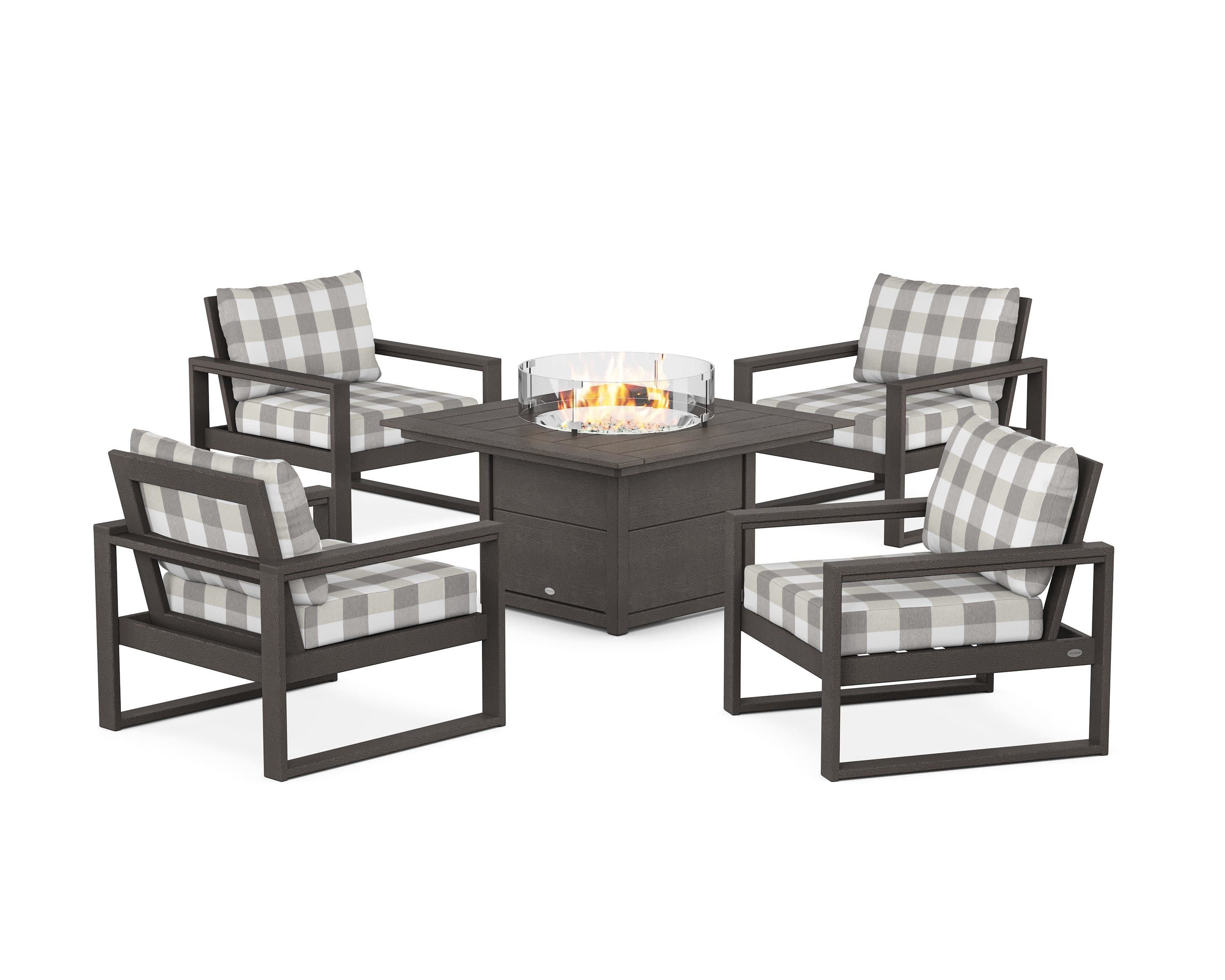 EDGE Sectional 5-Piece Deep Seating Set with Fire Pit Table in Vintage Coffee / Buffalo Plaid Grey Mist