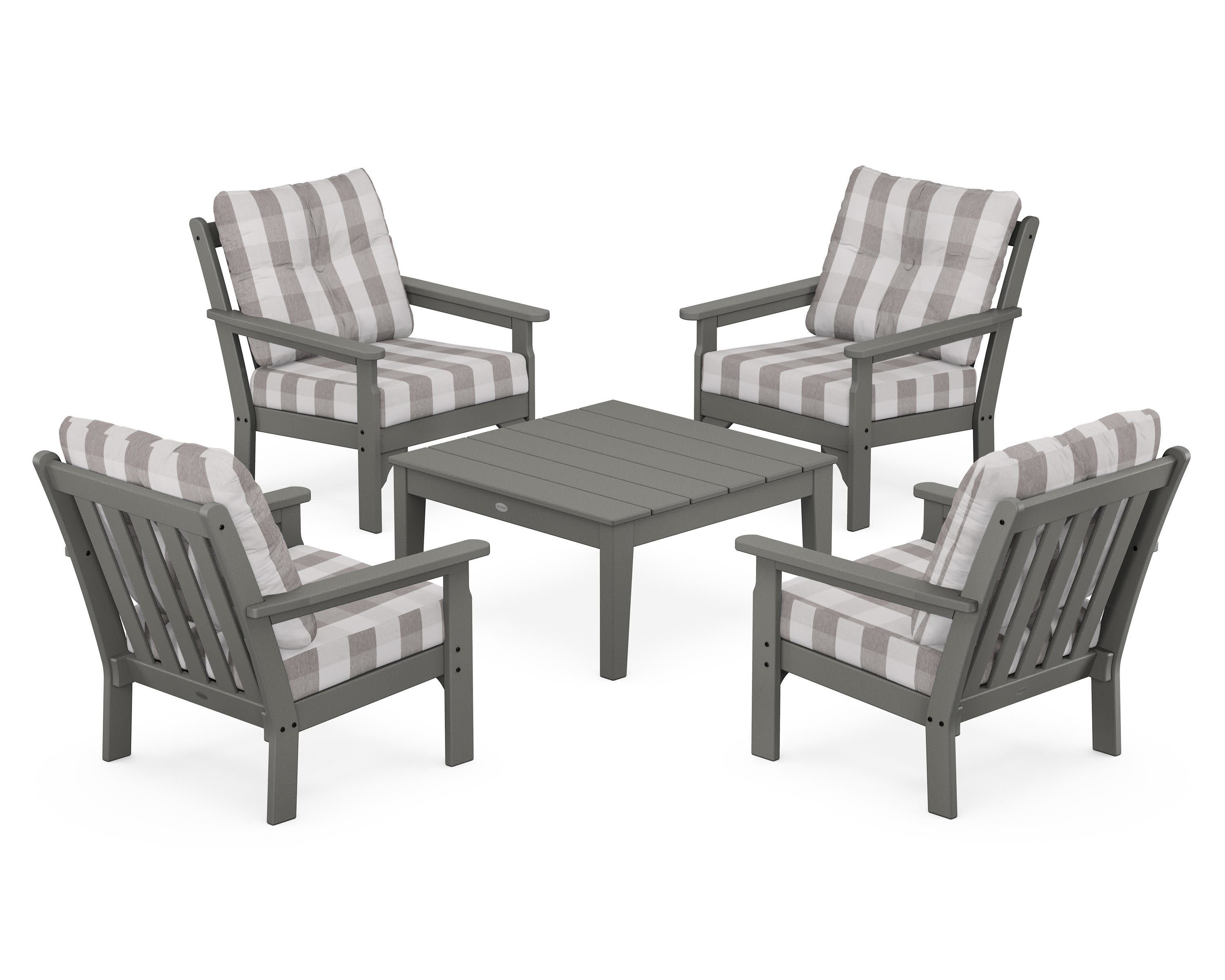 Vineyard 5-Piece Deep Seating Conversation Set in Slate Grey / Buffalo Plaid Grey Mist
