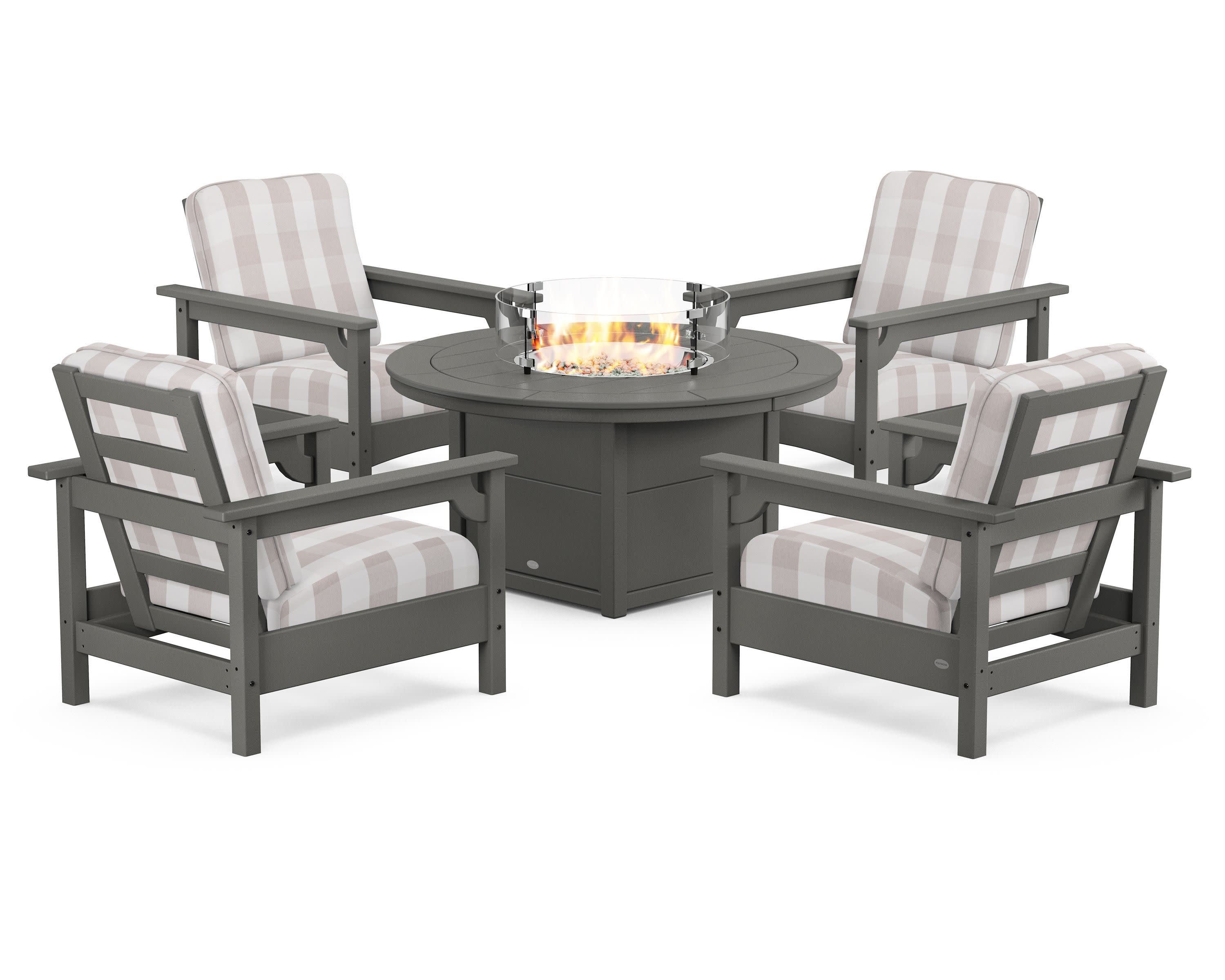 Club 5-Piece Conversation Set with Fire Pit Table in Slate Grey / Buffalo Plaid Dune Burlap