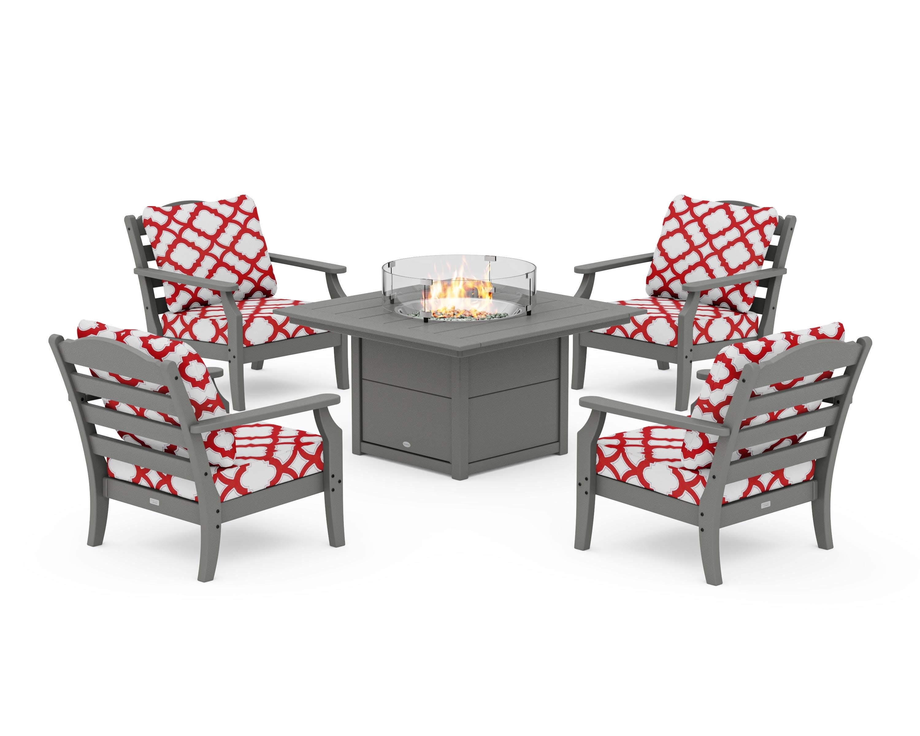 Savannah 5-Piece Deep Seating Set with Fire Pit Table in Slate Grey / Trellis Crimson