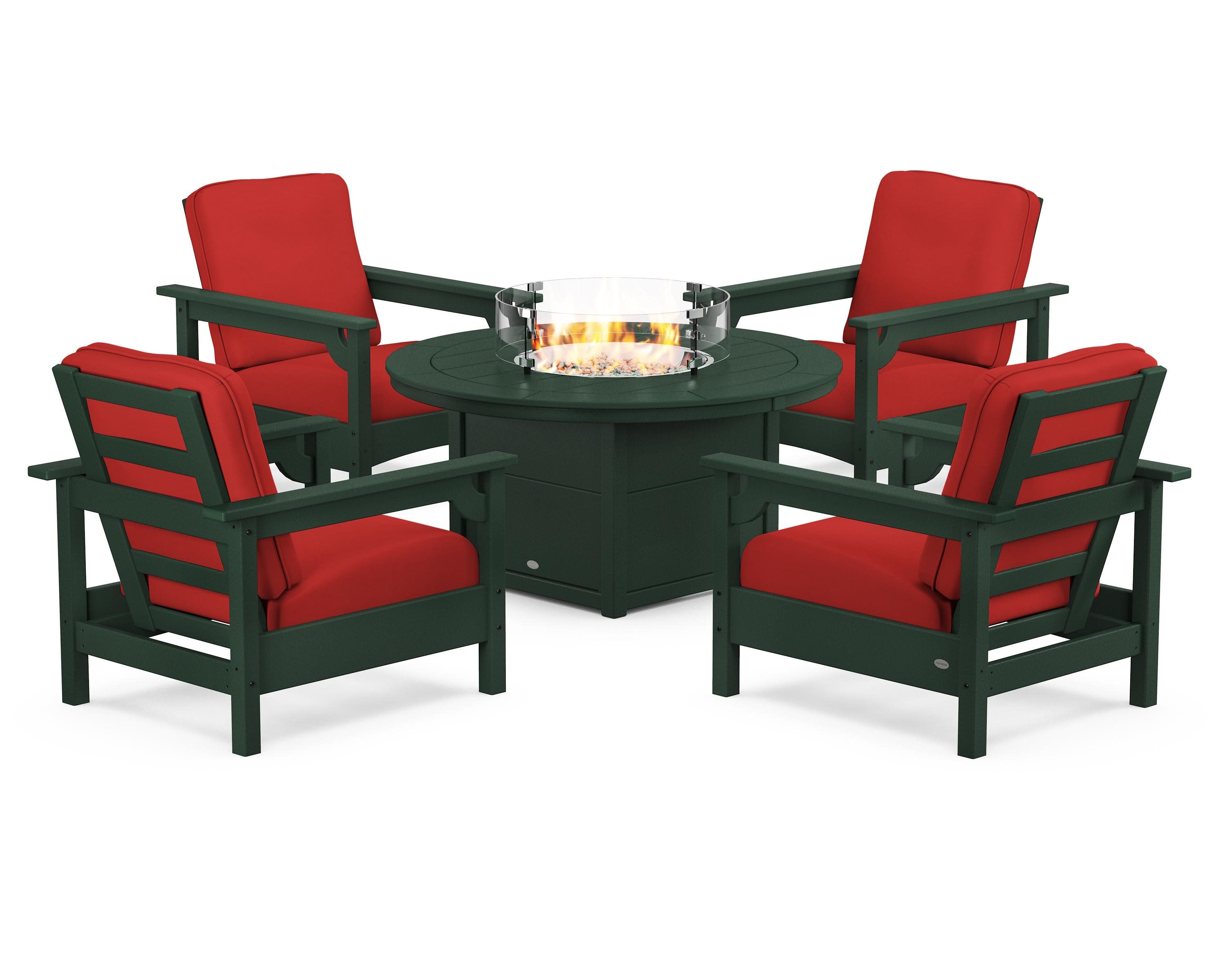 Club 5-Piece Conversation Set with Fire Pit Table in Green / Crimson Linen