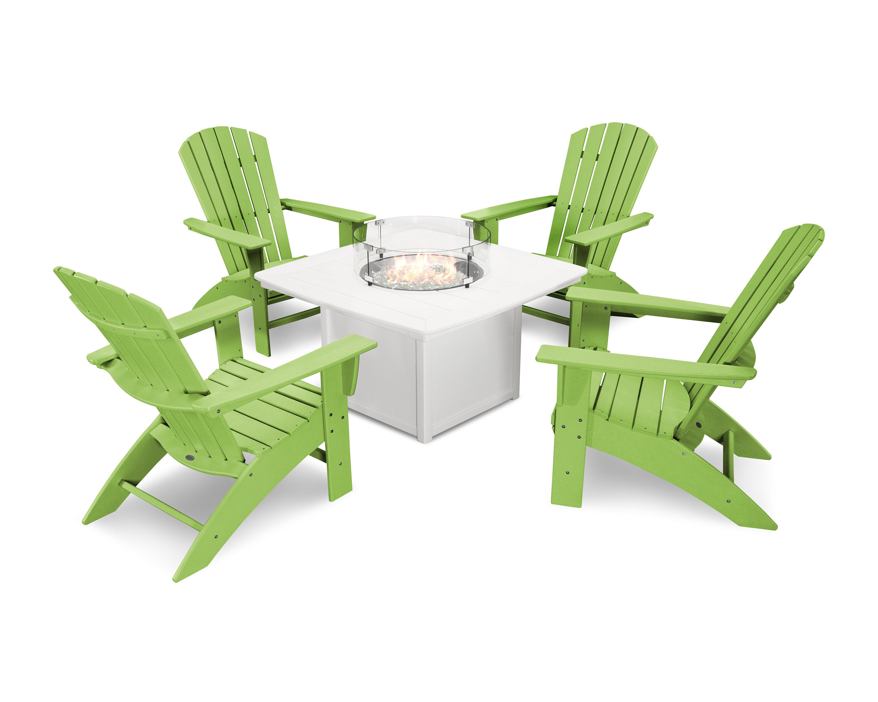 Nautical Curveback Adirondack 5-Piece Conversation Set with Fire Pit Table in Lime / White