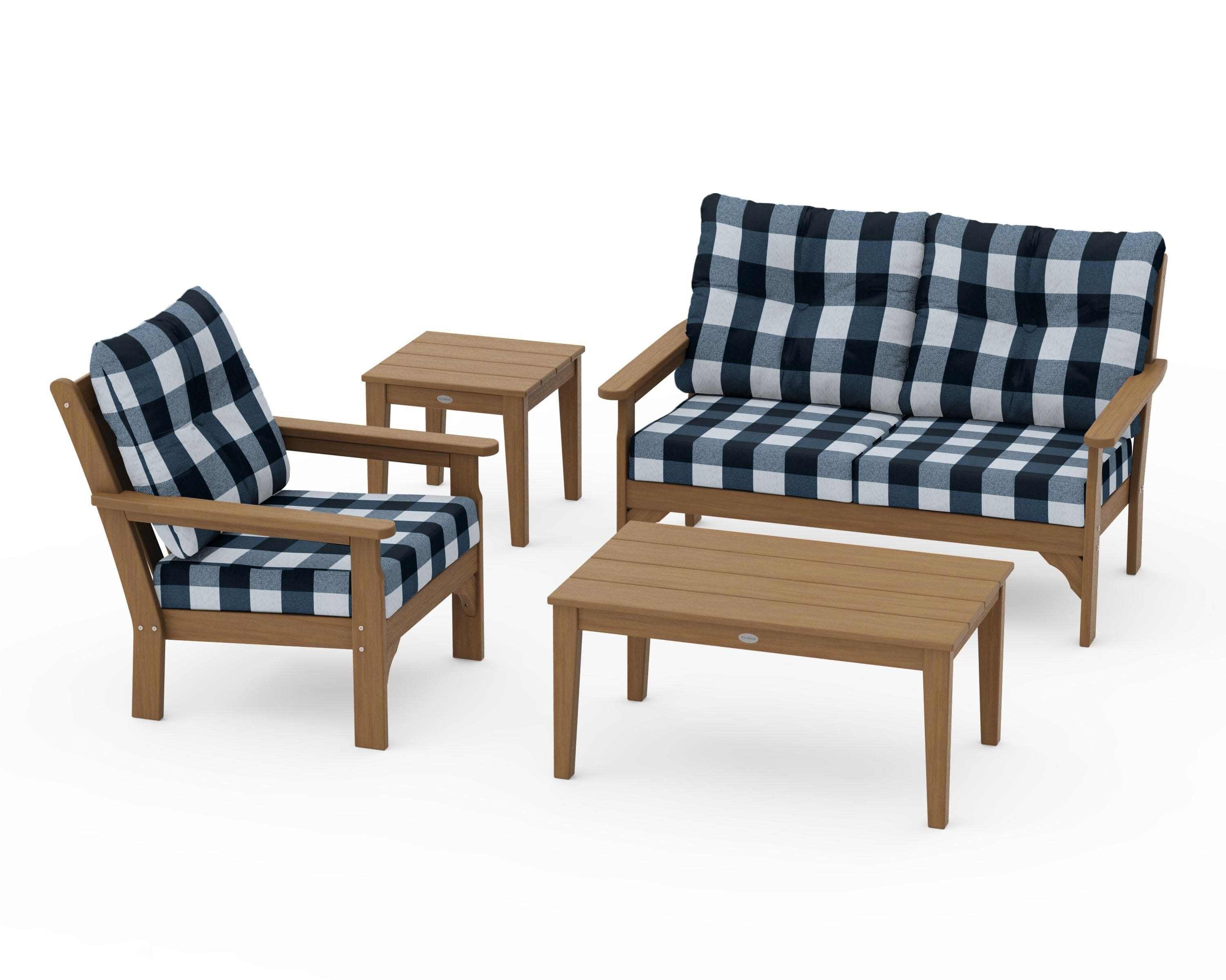 Vineyard 4-Piece Deep Seating Set in Natural / Buffalo Plaid Marine Indigo