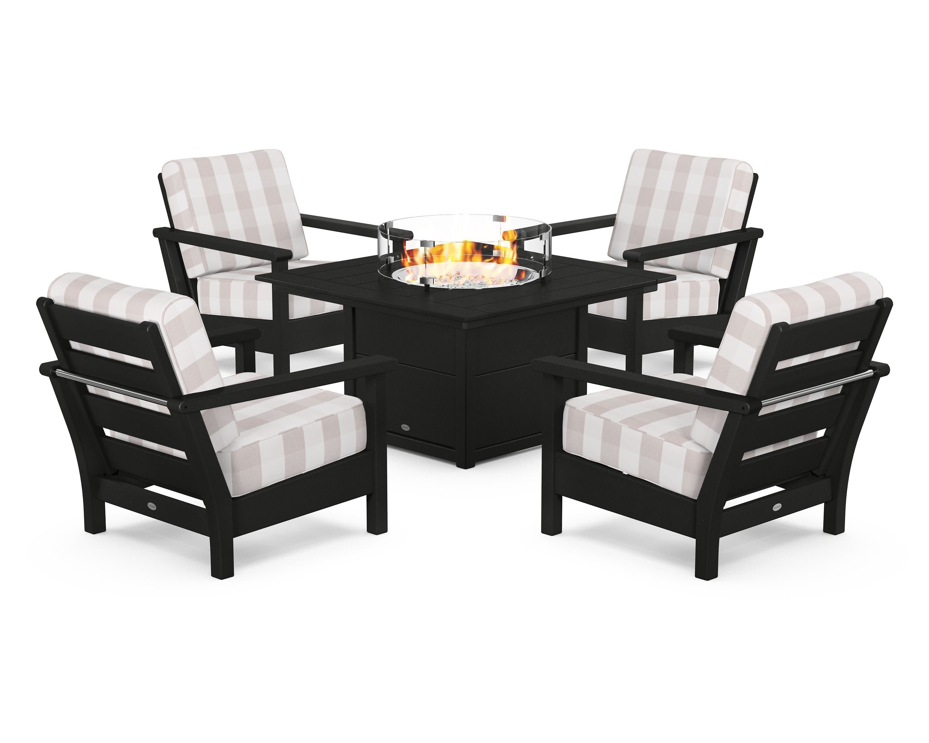 Harbour 5-Piece Conversation Set with Fire Pit Table in Black / Buffalo Plaid Dune Burlap