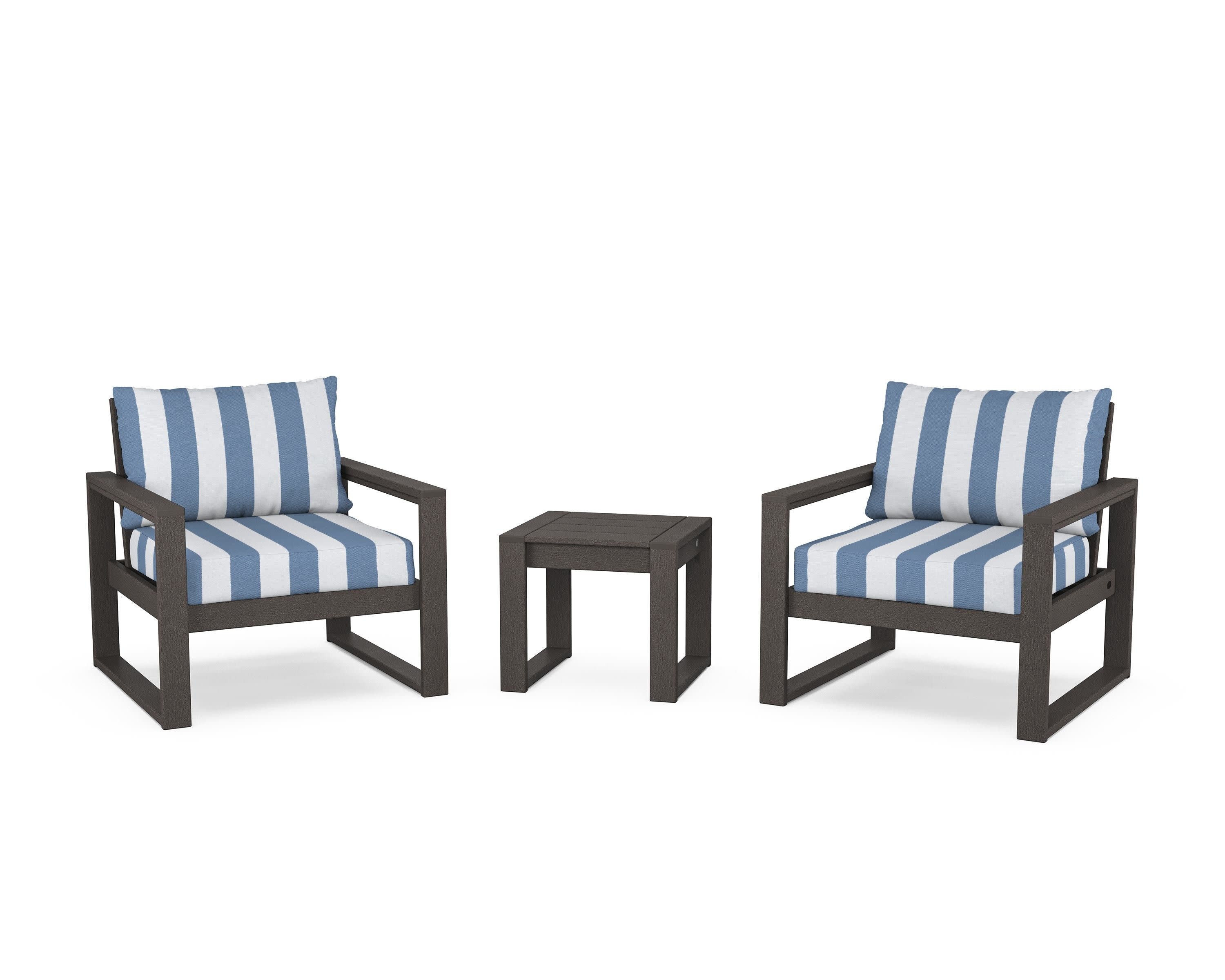 EDGE Sectional 3-Piece Deep Seating Set in Vintage Coffee / Cabana Stripe Sky Blue