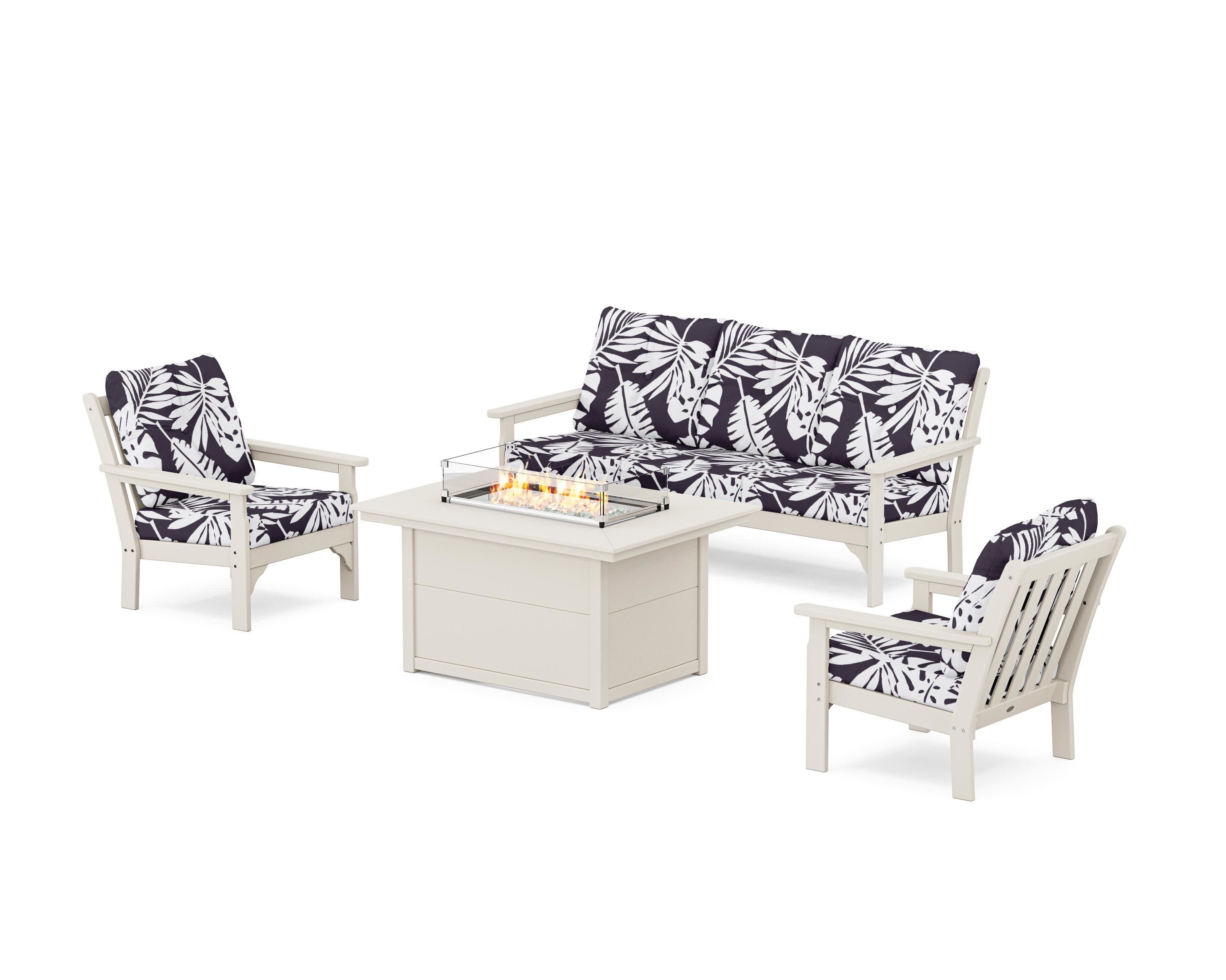 Vineyard Deep Seating Fire Pit Table Set in Sand / Leaf Navy