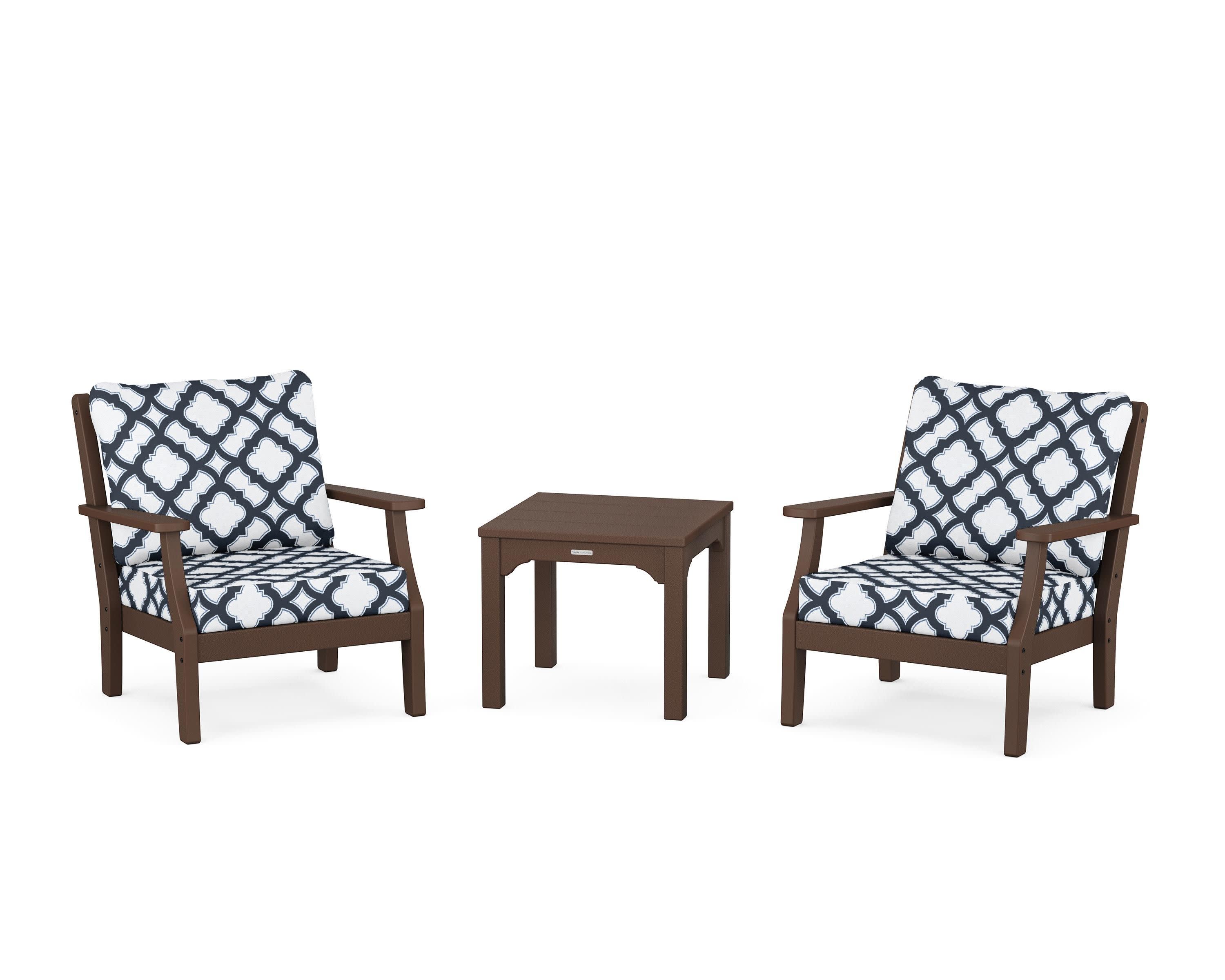 Chinoiserie 3-Piece Deep Seating Set in Mahogany / Trellis Marine Indigo