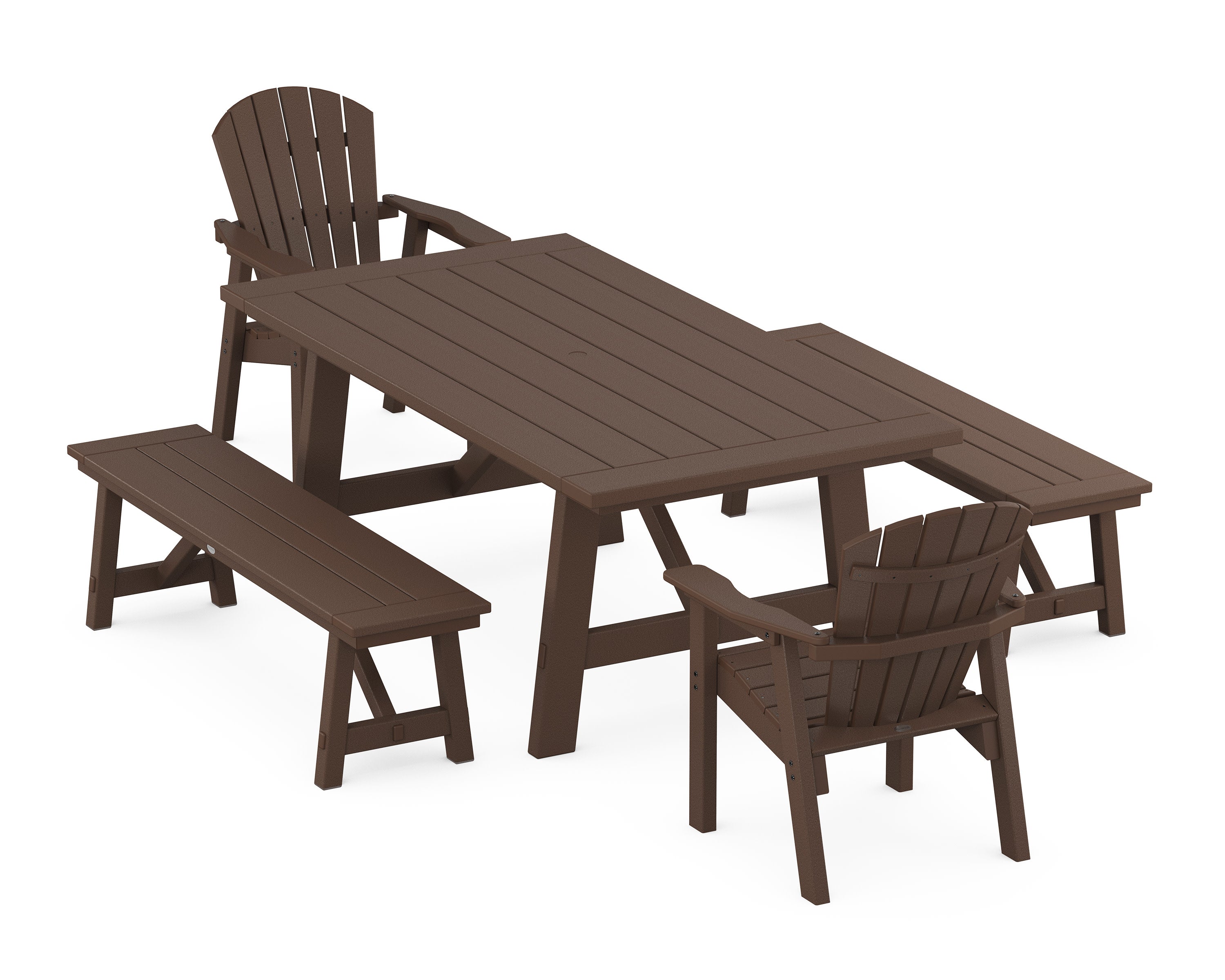 Seashell 5-Piece Rustic Farmhouse Dining Set With Benches in Mahogany