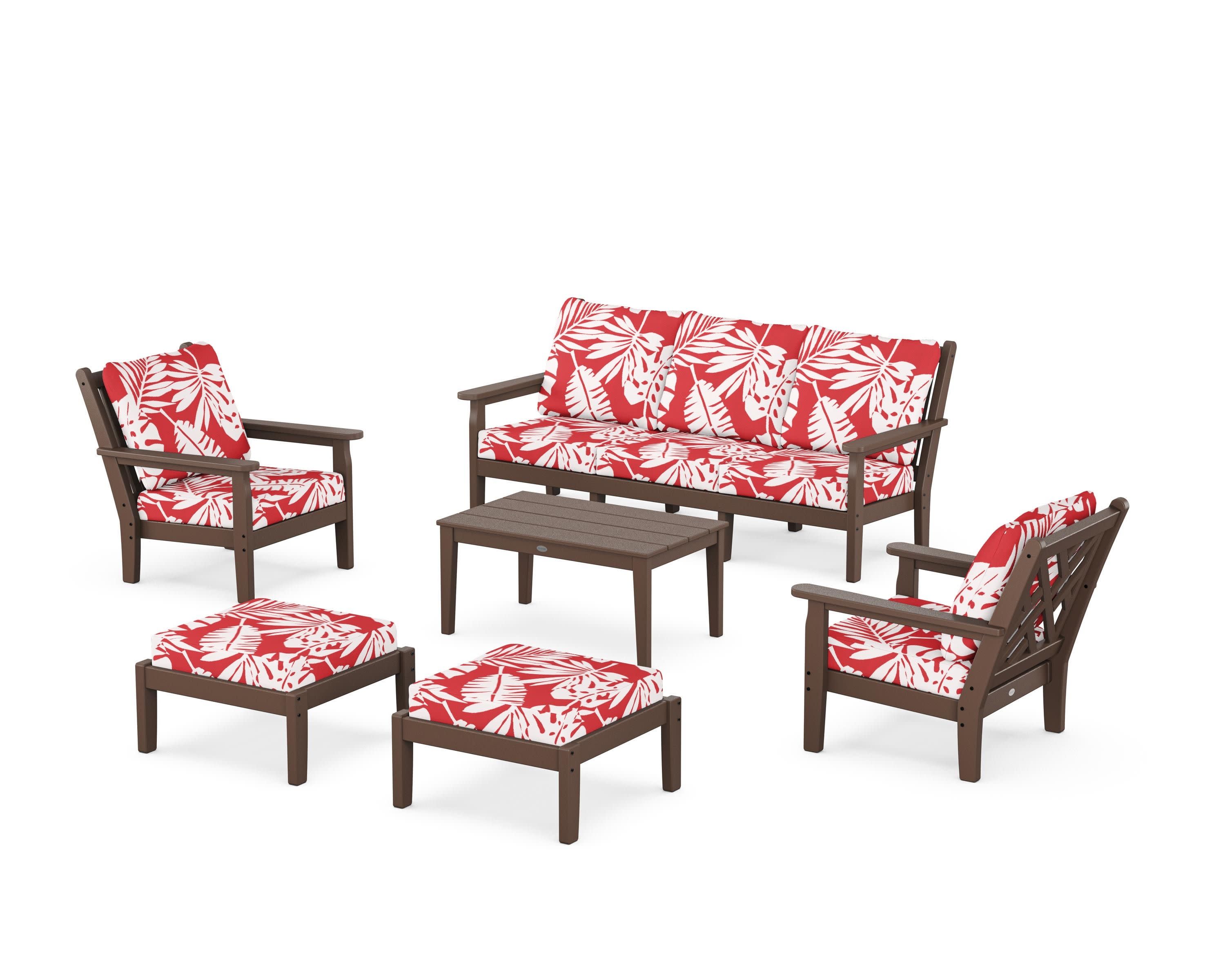 Chippendale 6-Piece Lounge Sofa Set in Mahogany / Leaf Crimson