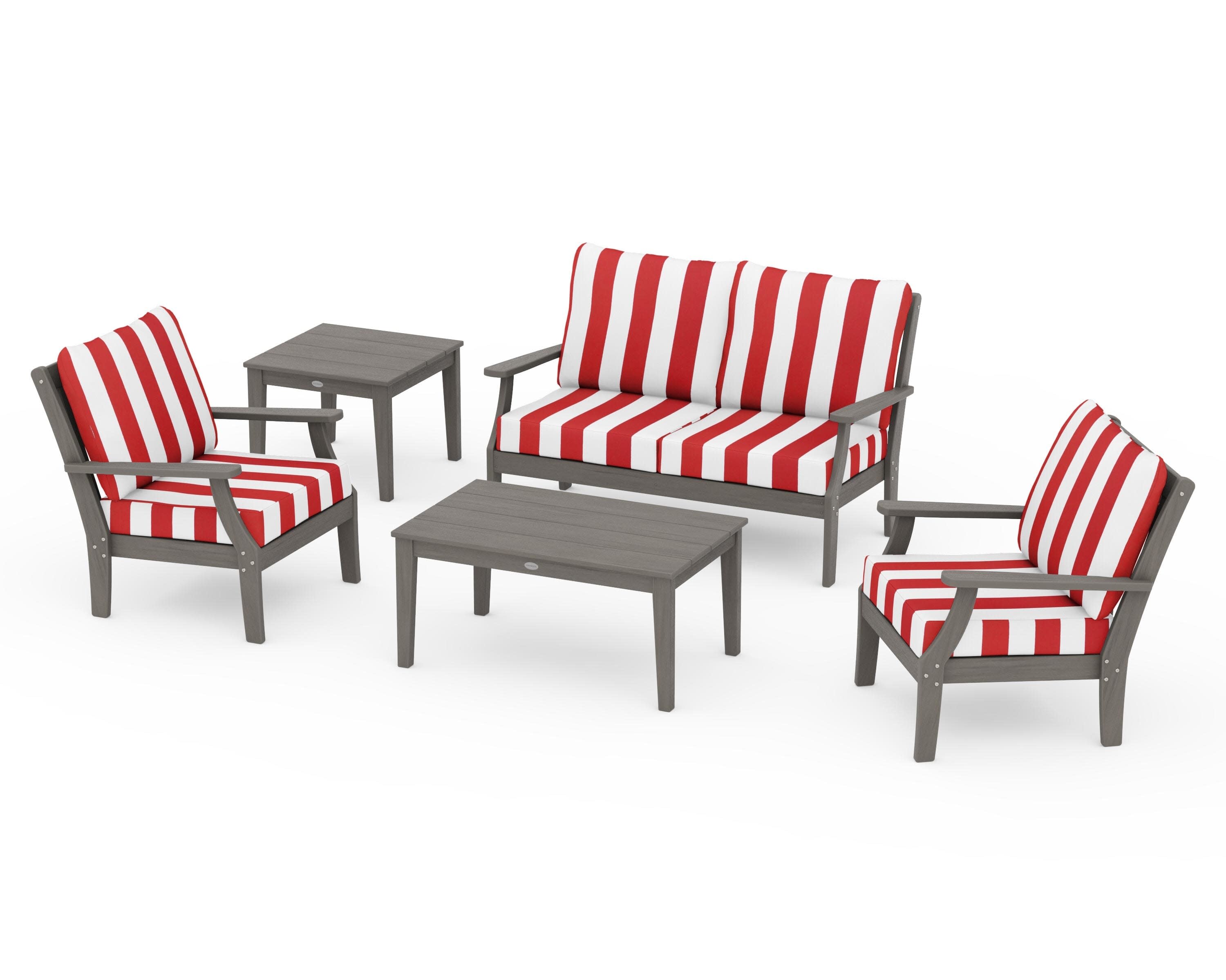 Braxton 5-Piece Deep Seating Set in Driftwood / Cabana Stripe Crimson