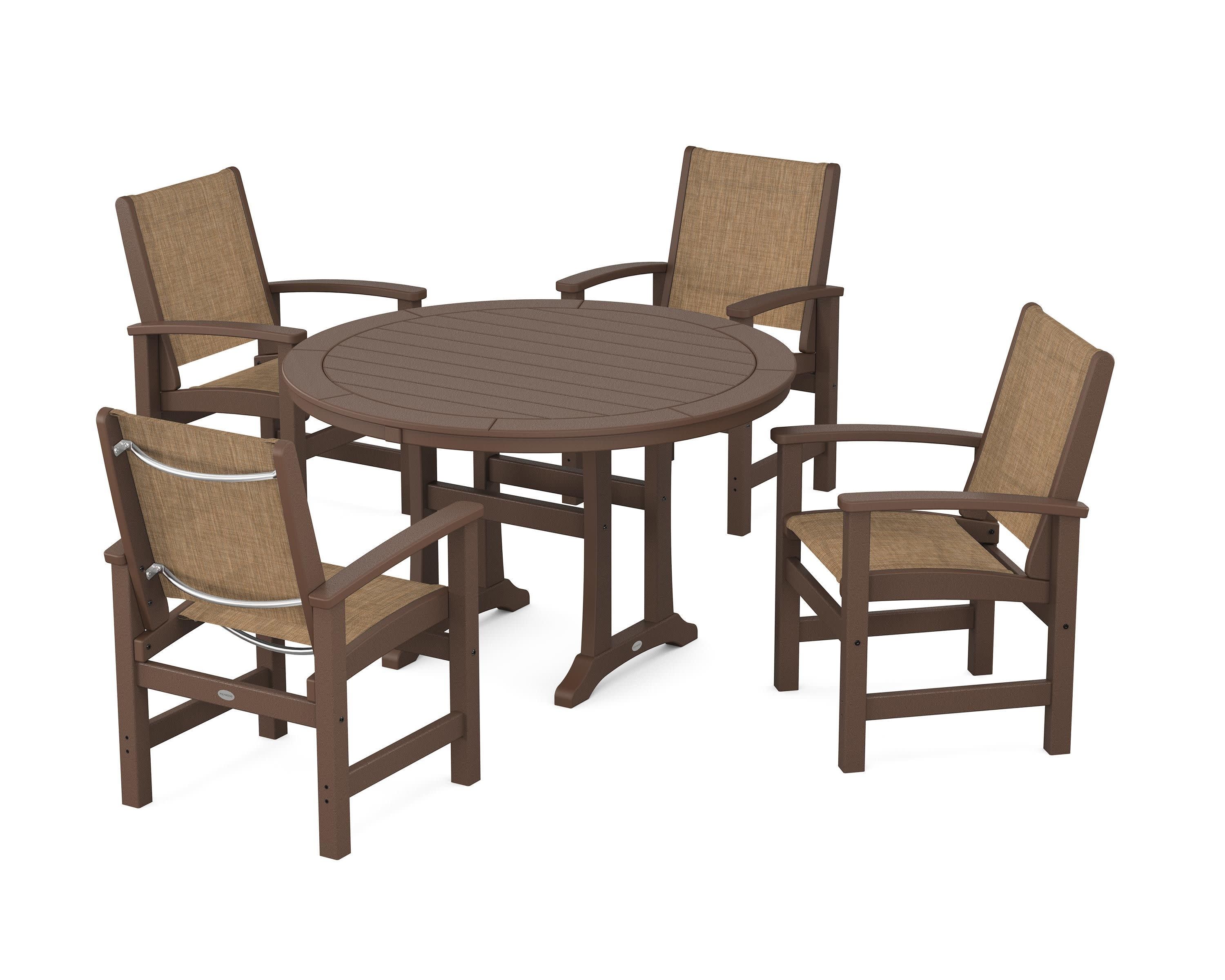 Coastal 5-Piece Round Dining Set with Trestle Legs in Mahogany / Burlap Sling
