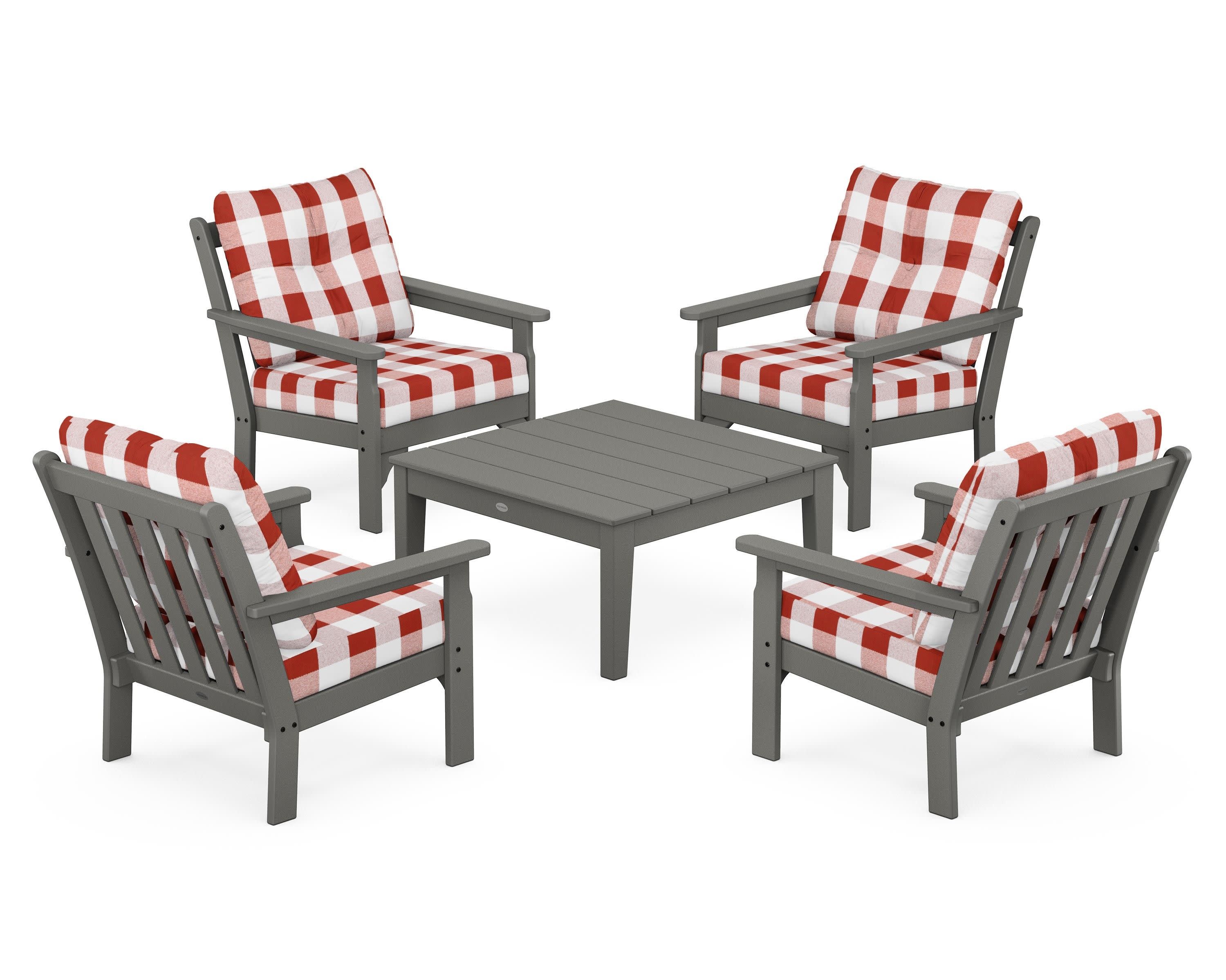 Vineyard 5-Piece Deep Seating Conversation Set in Slate Grey / Buffalo Plaid Crimson