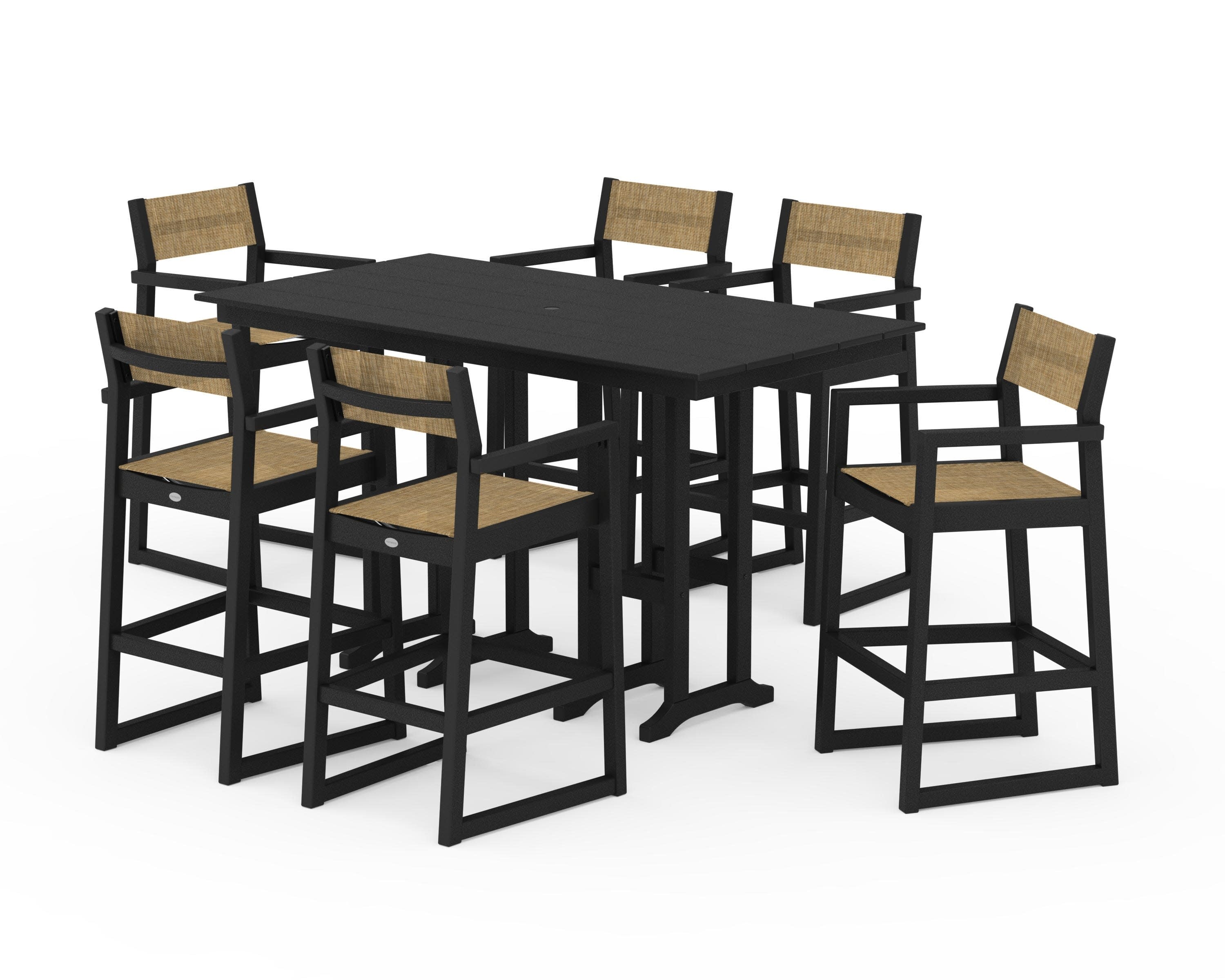 EDGE Sling Arm Chair 7-Piece Farmhouse Bar Set in Black / Burlap Sling