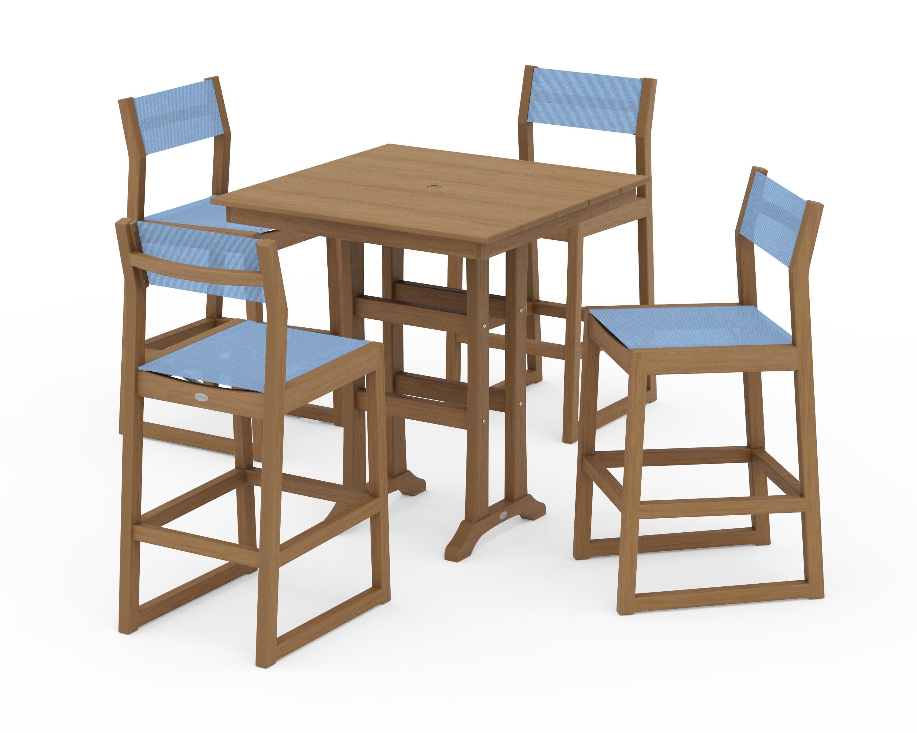 EDGE Sling Arm Chair 5-Piece Farmhouse Bar Set with Trestle Legs in Natural / Poolside Sling